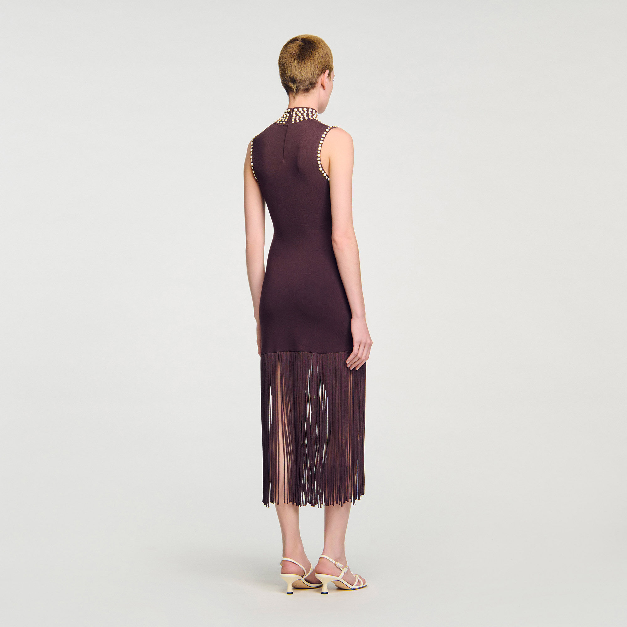 Fringed knit maxi dress brown For Women | Sandro Paris