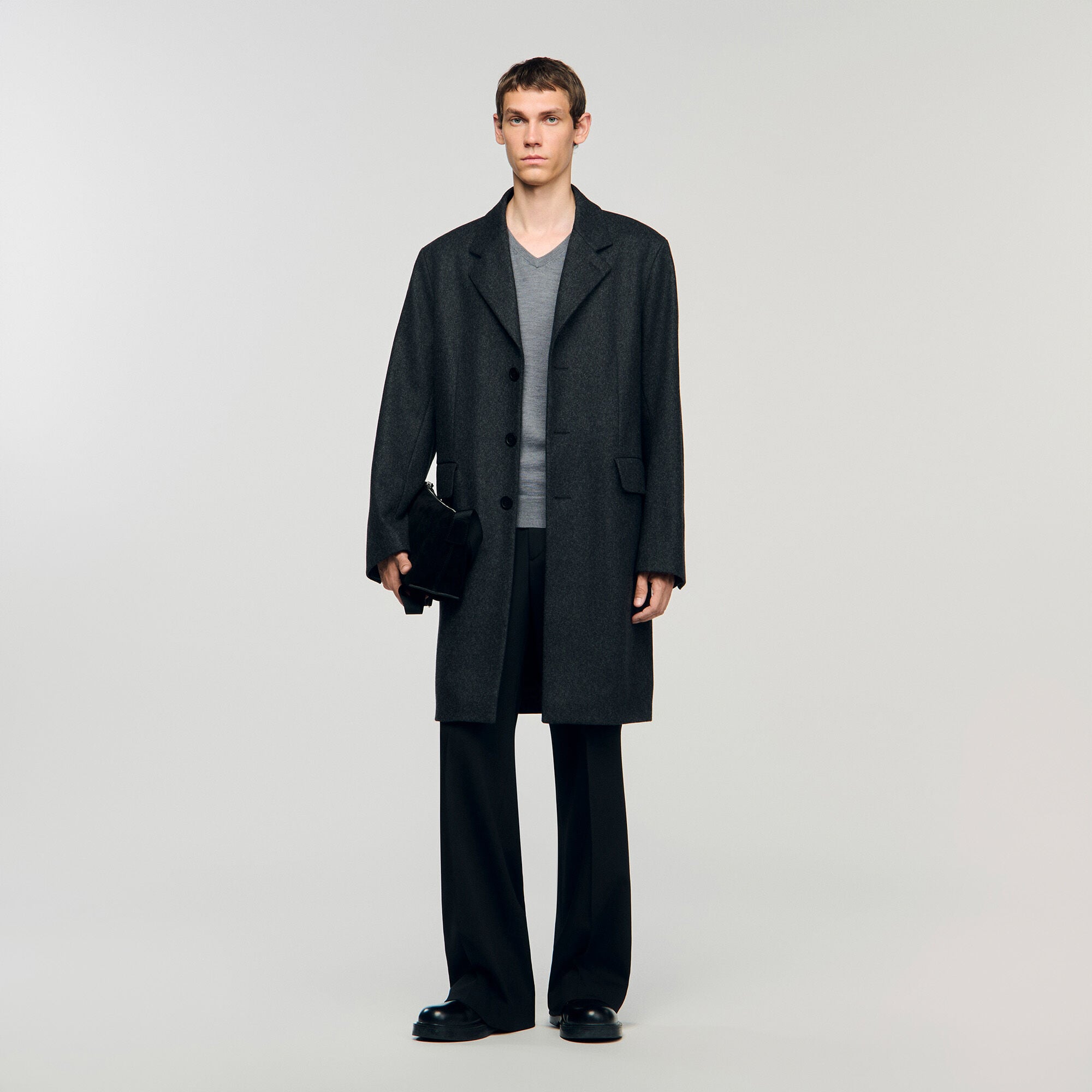 Wool broadcloth coat black / gray for Men | Sandro Paris