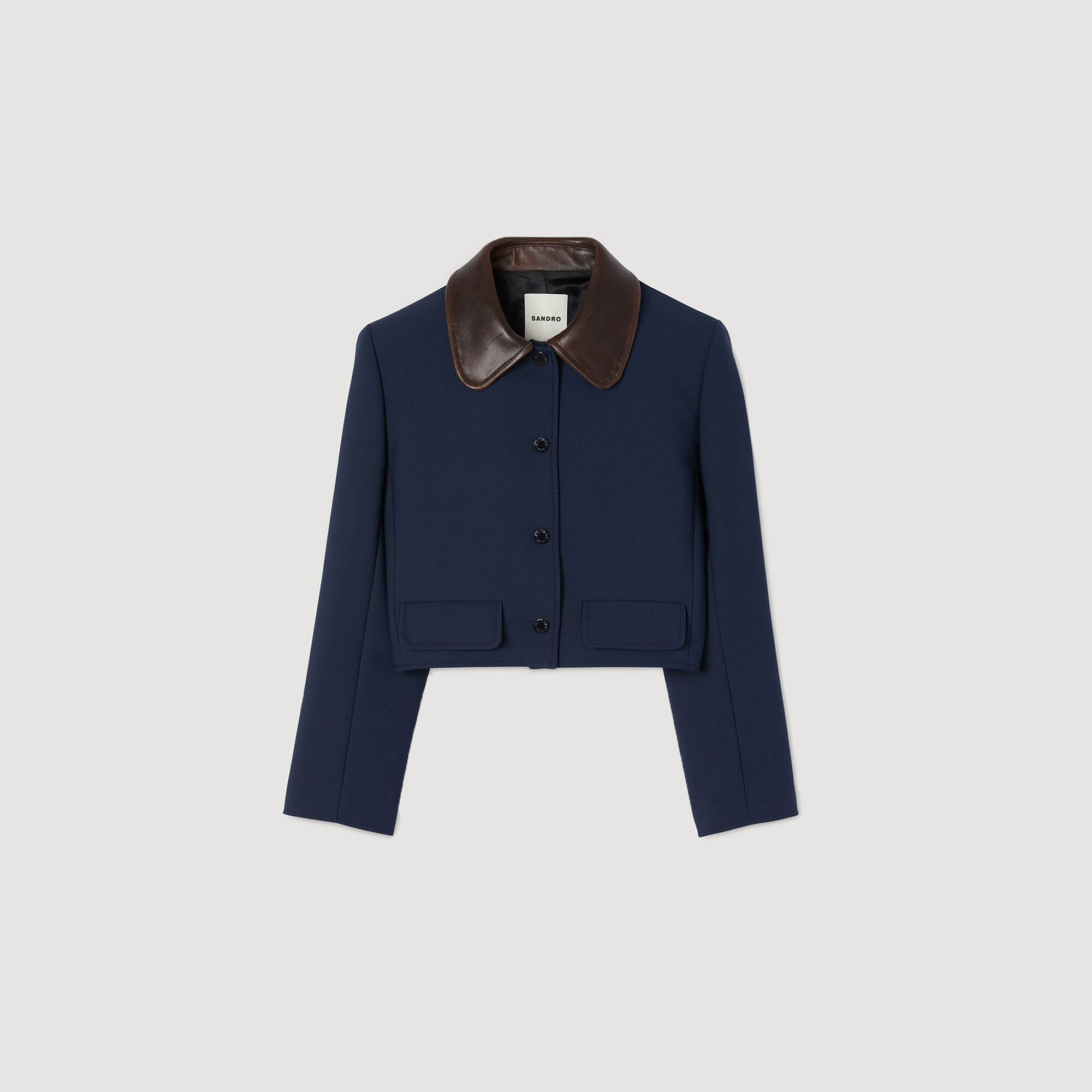 Cropped jacket with leather collar