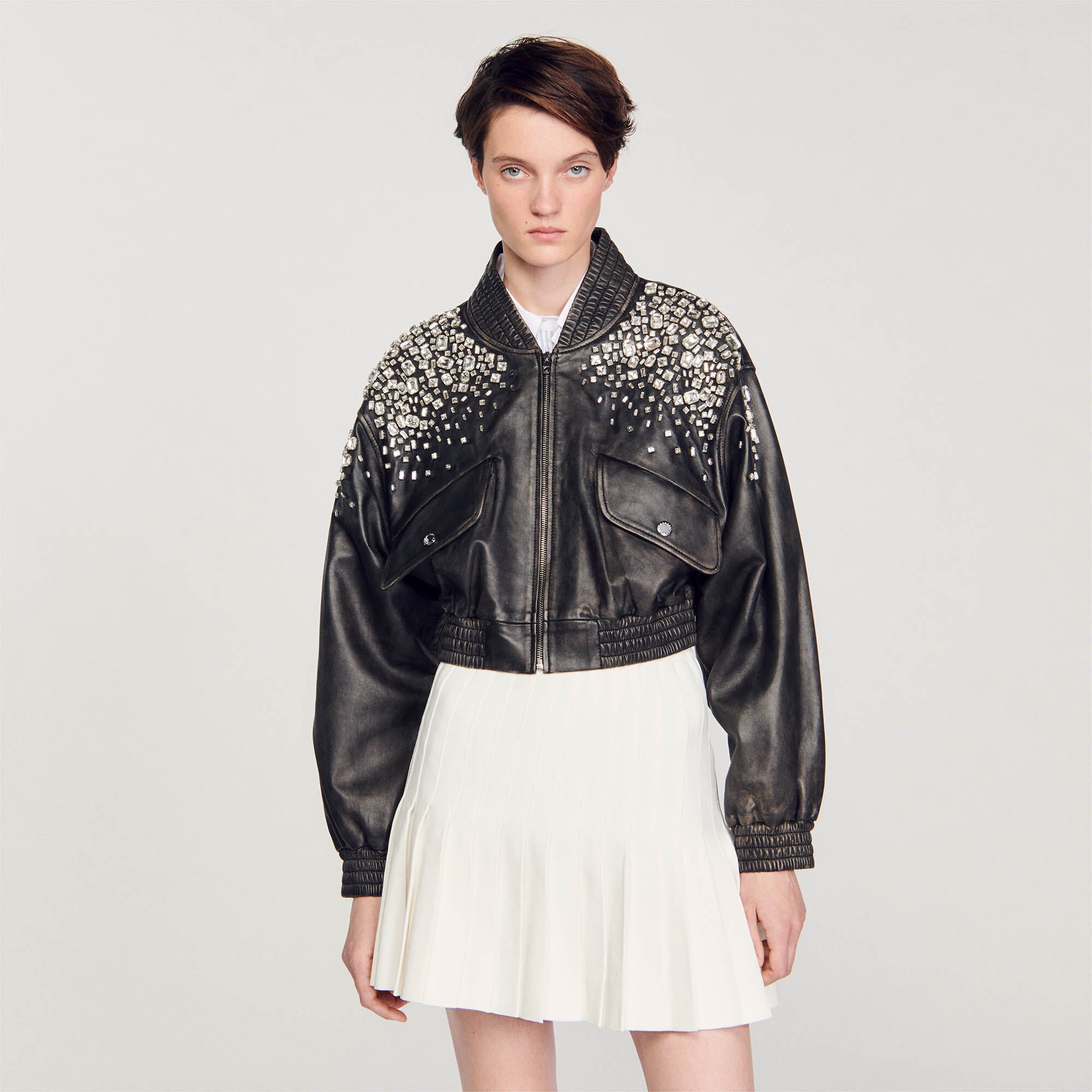 Crystal-studded leather jacket