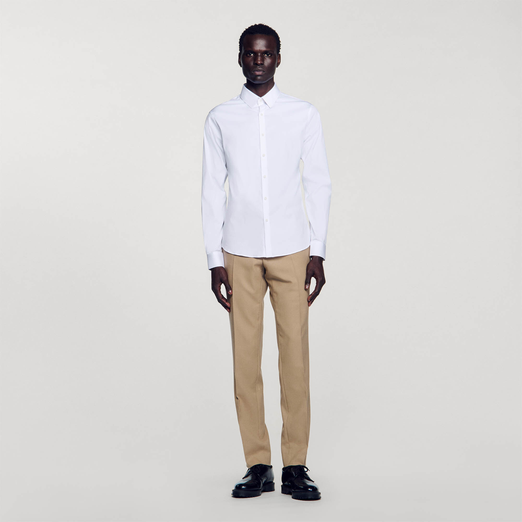 Fitted stretch cotton shirt white / beige for Men | Sandro Paris Fitted stretch cotton shirt white / beige for Men | Sandro Paris