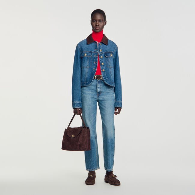 Denim jacket with leather collar
