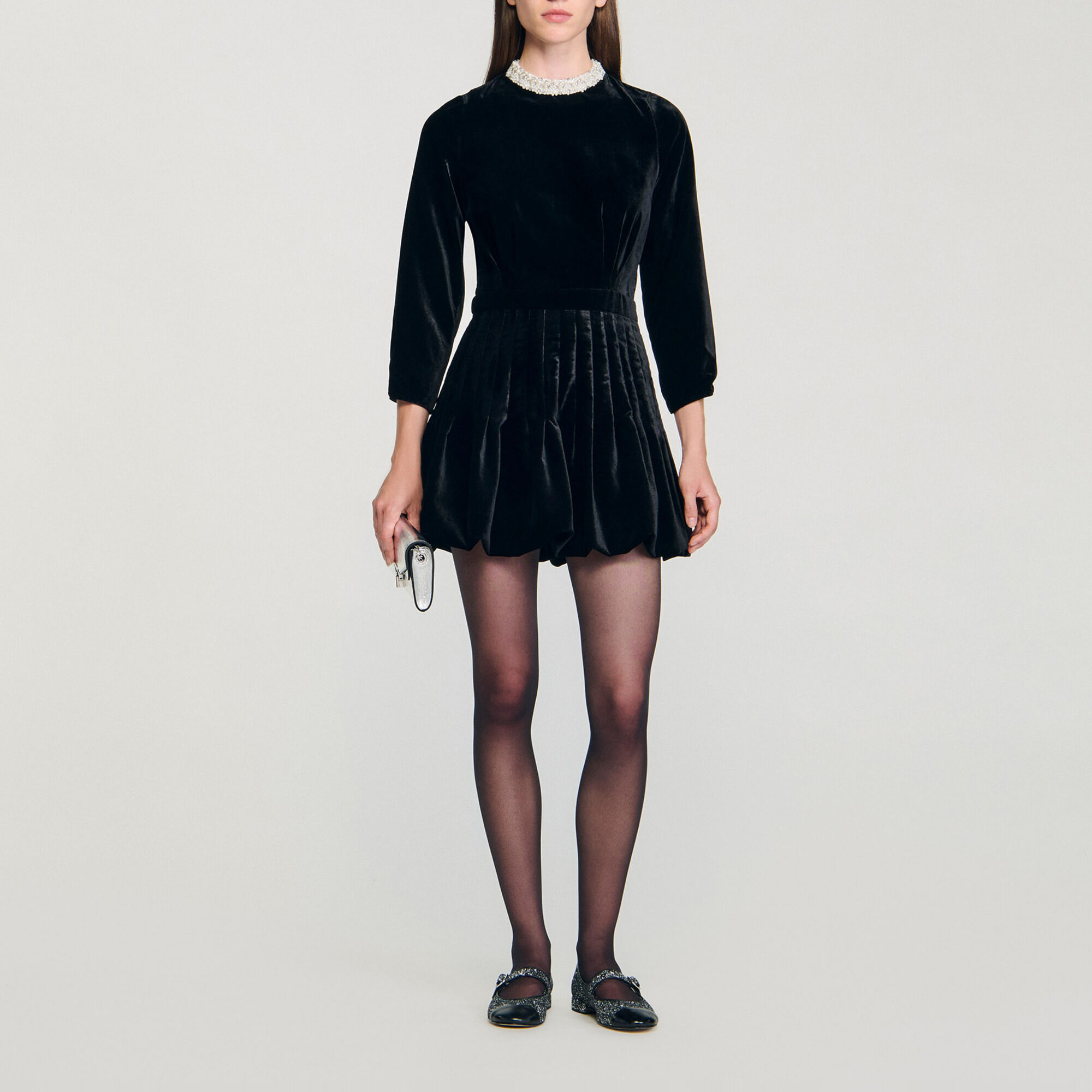 Beaded velvet short dress black / gray For Women | Sandro Paris