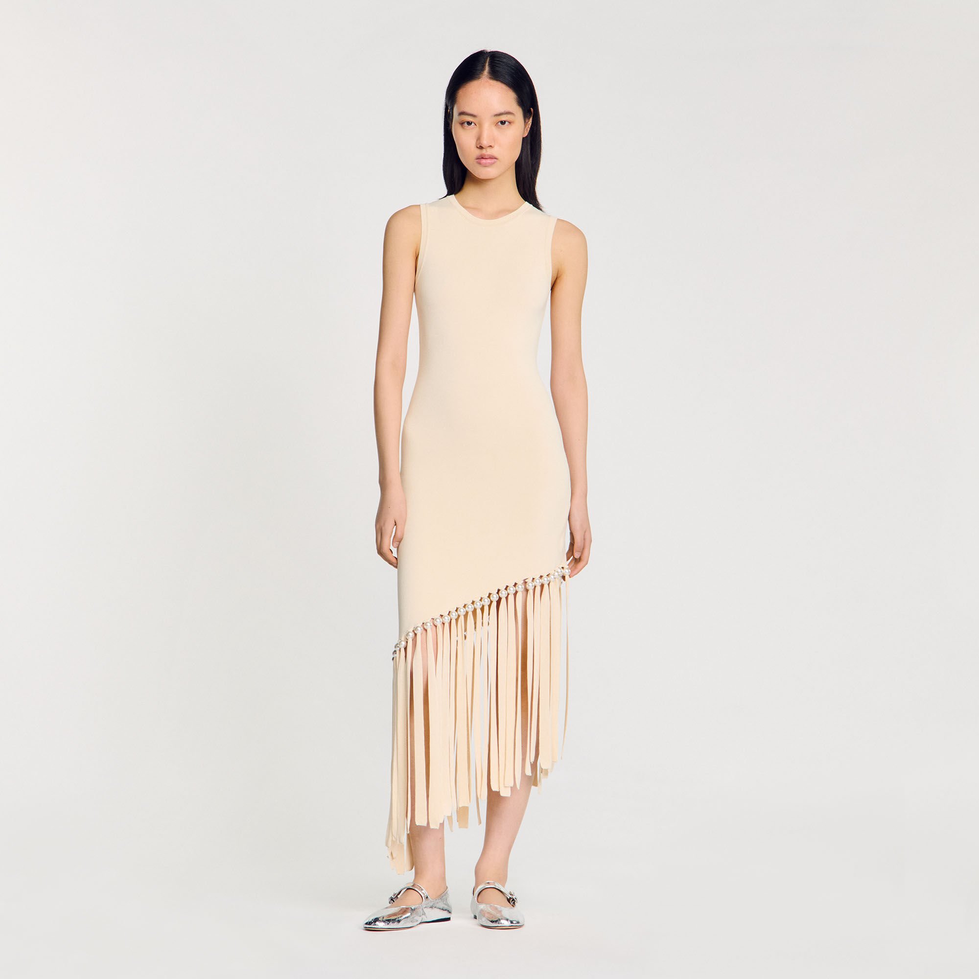 Fringed and beaded knit midi dress