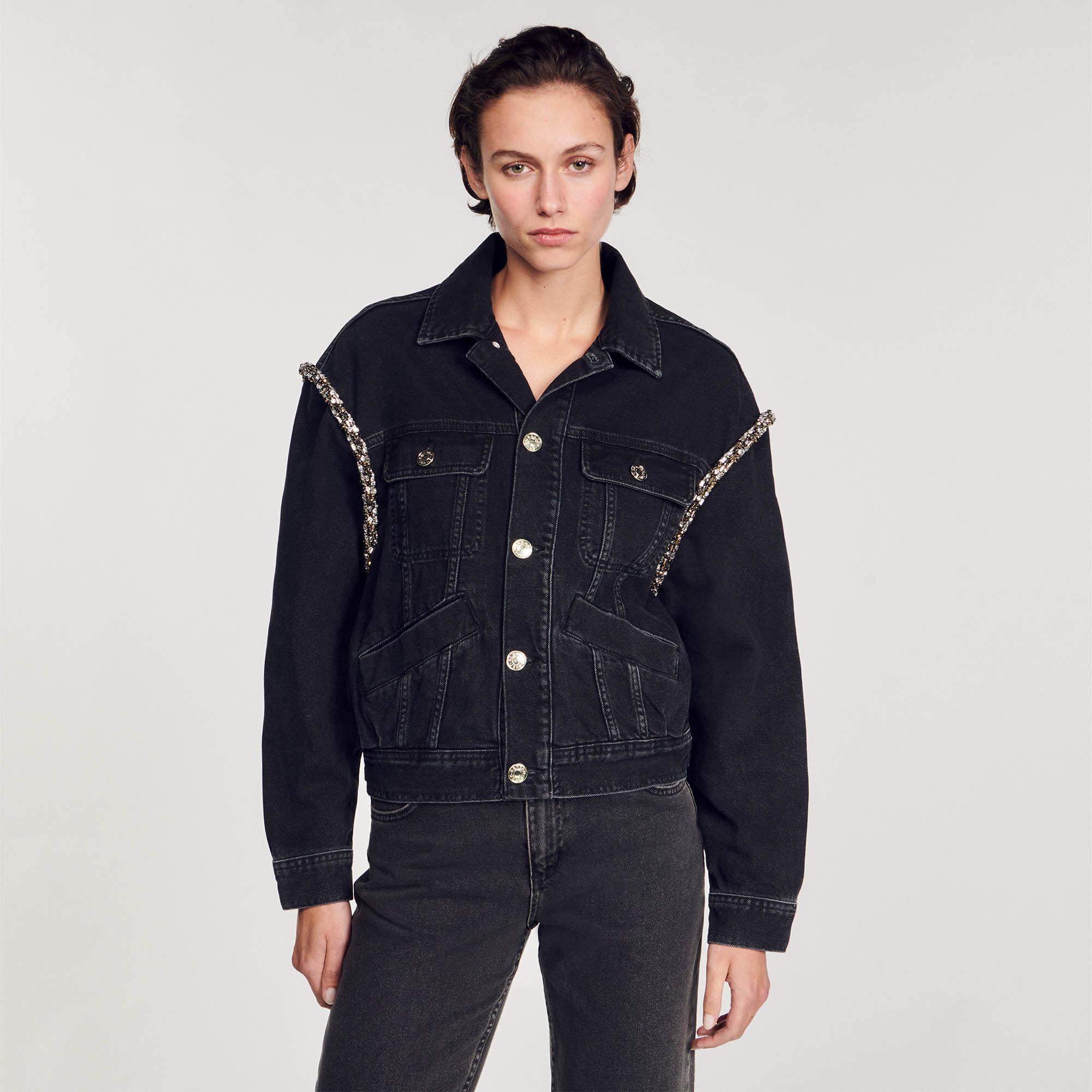Oversized denim jacket with rhinestones black / gray For