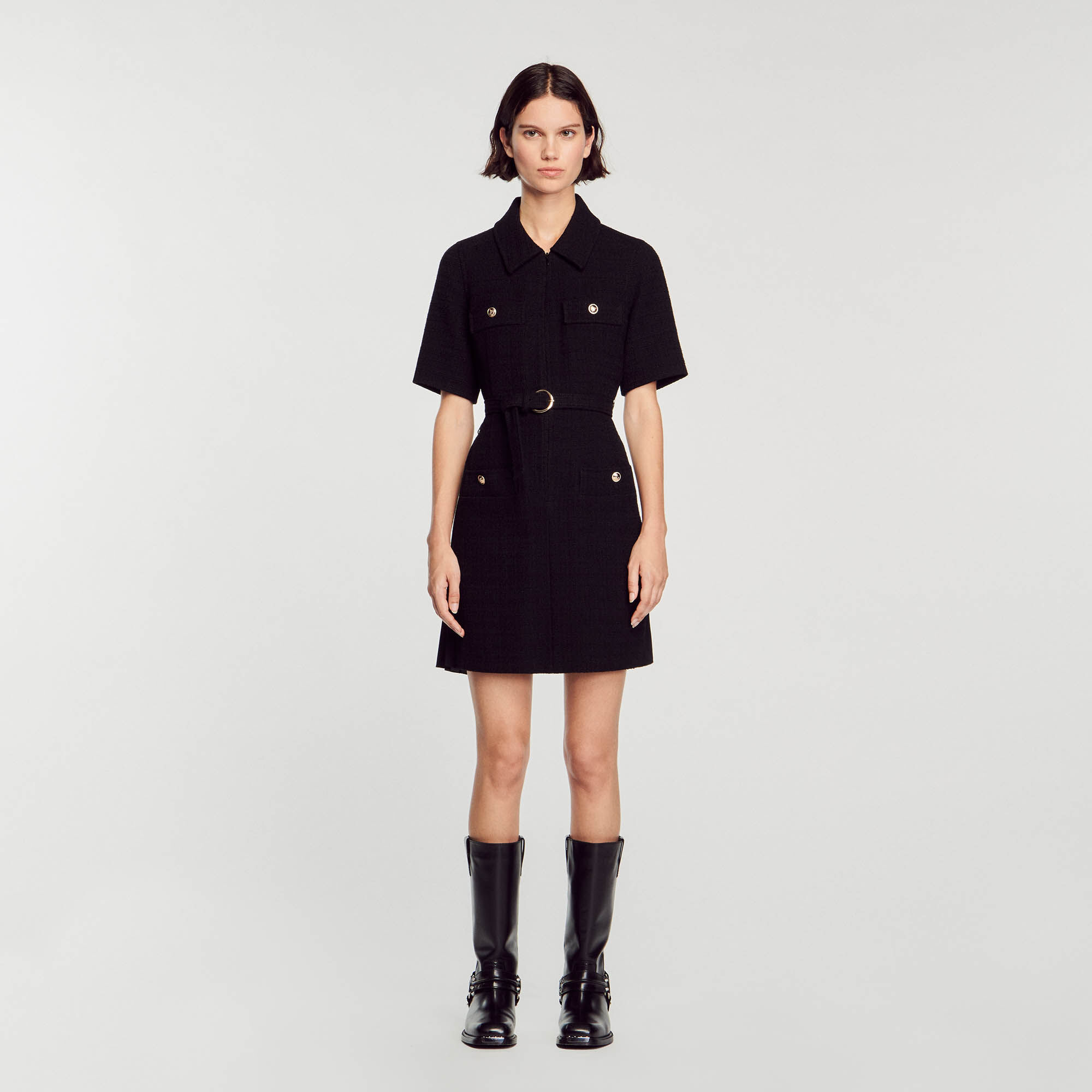 Short-sleeved dress in two materials Black / Gray | Sandro Paris