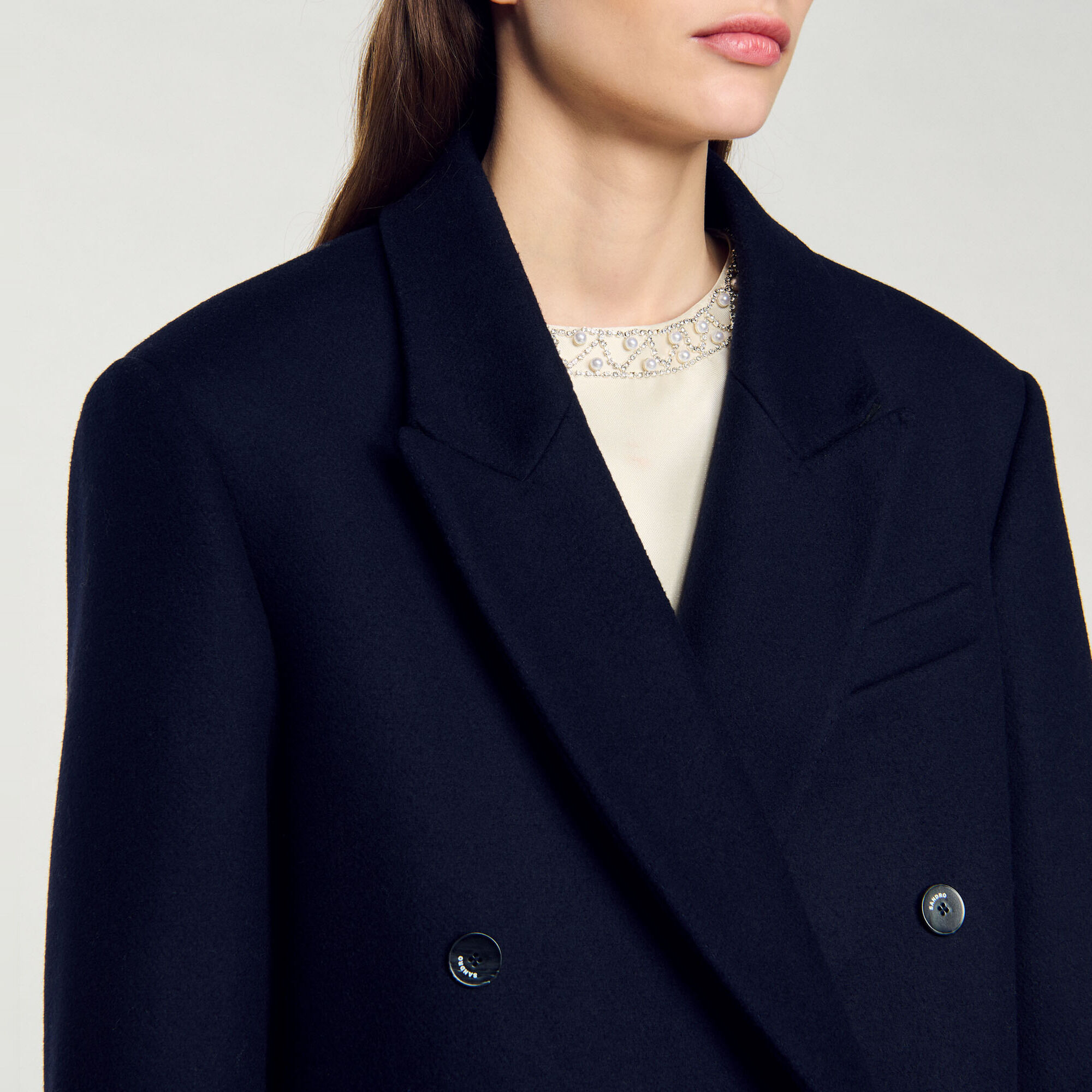 Long wool-blend coat blue For Women | Sandro Paris