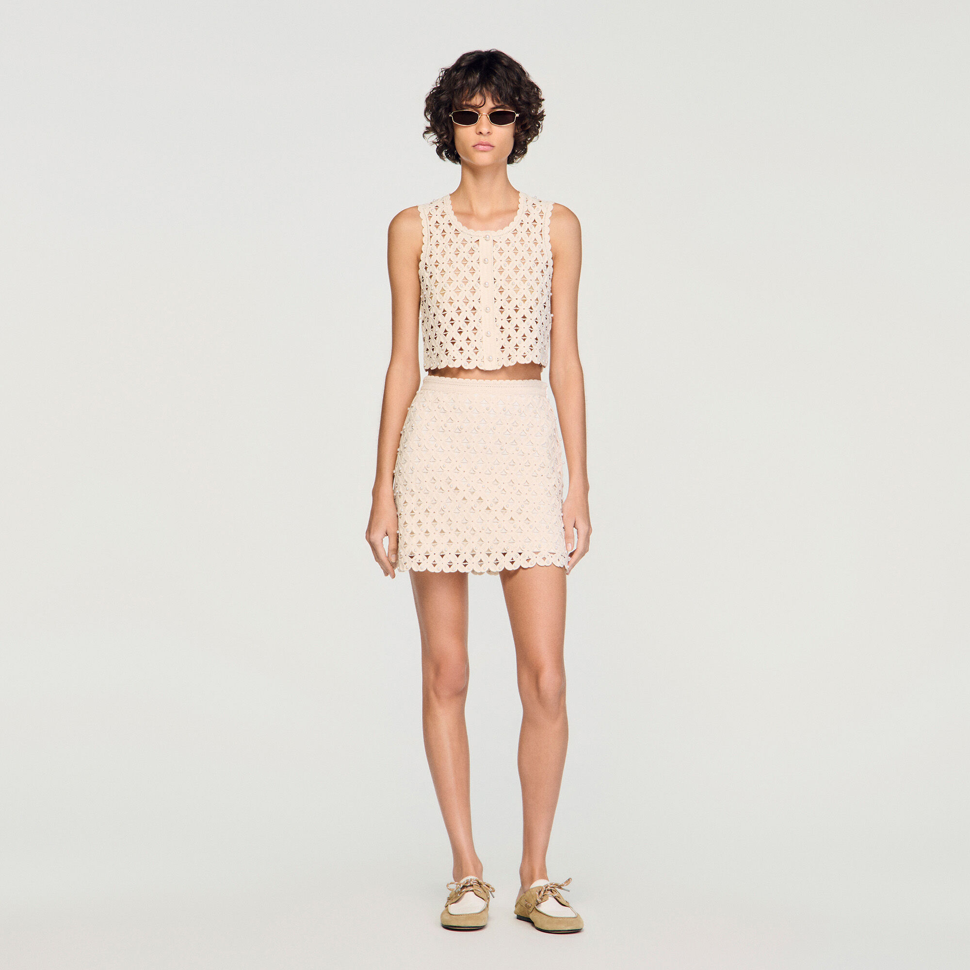 Beaded crochet cardigan white / beige For Women | Sandro Paris