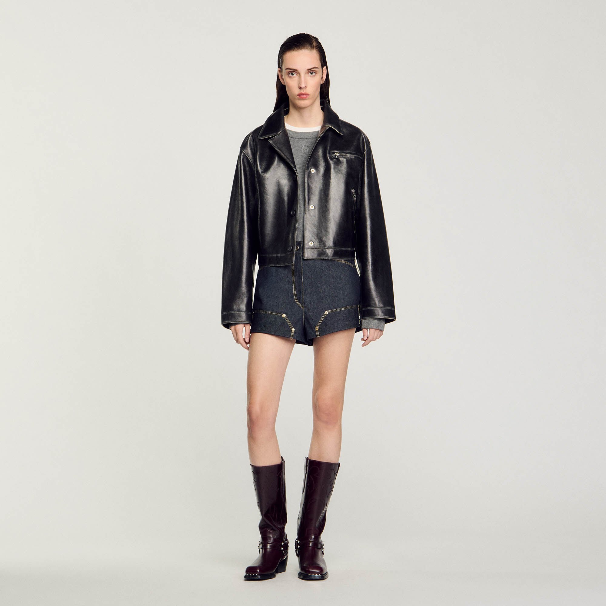 Distressed leather jacket black / gray For Women | Sandro Paris