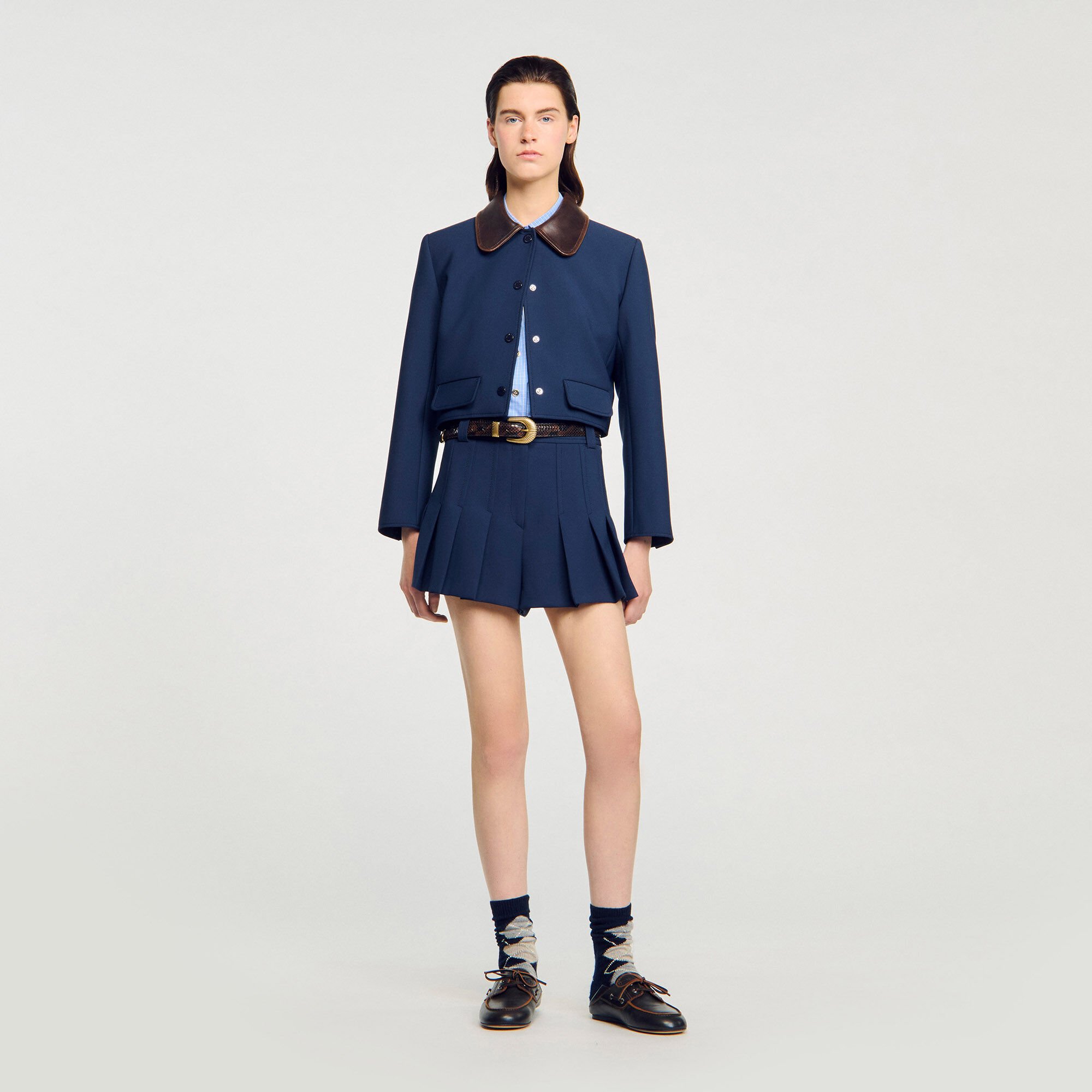 アウターその他 PESERICO Women Outer S0300401921048 BROWN Peter Pan collar cropped jacket black / gray For Women
