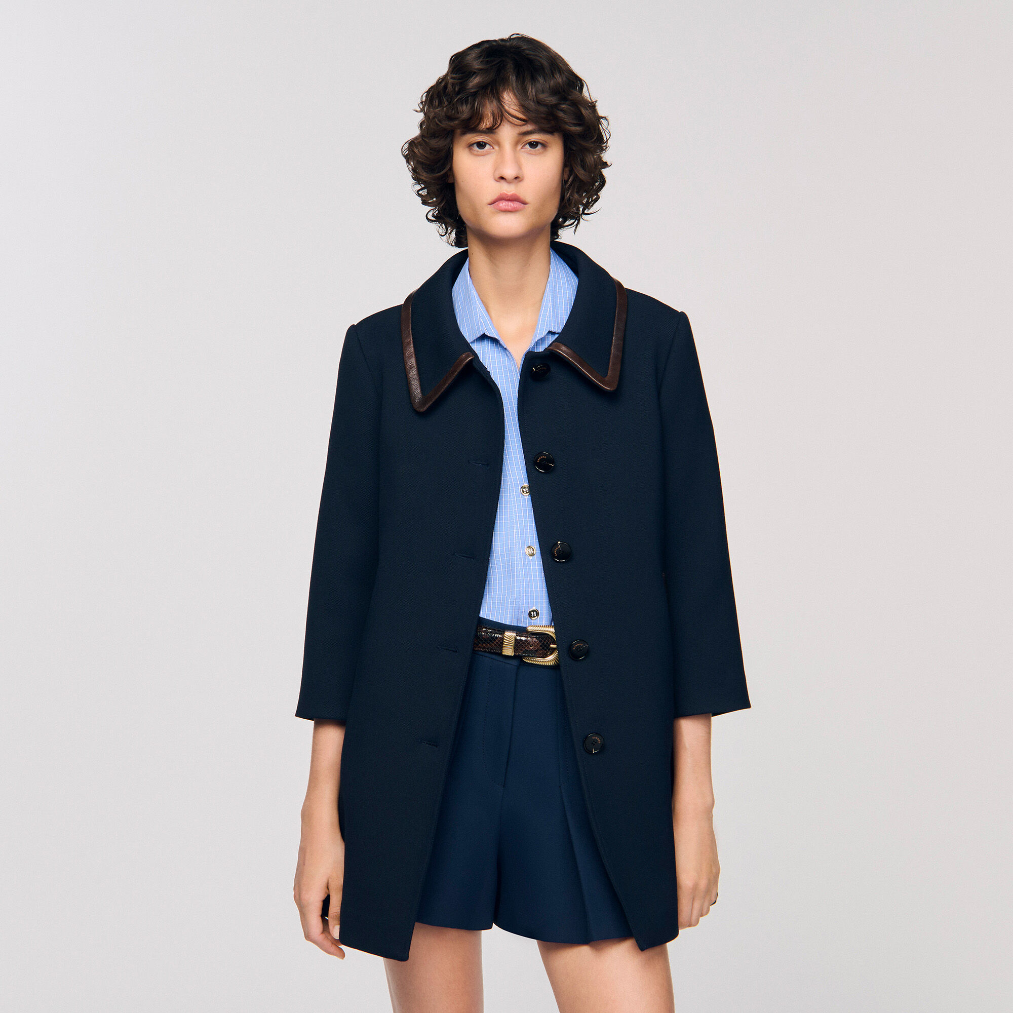 Leather trim coat blue For Women | Sandro Paris