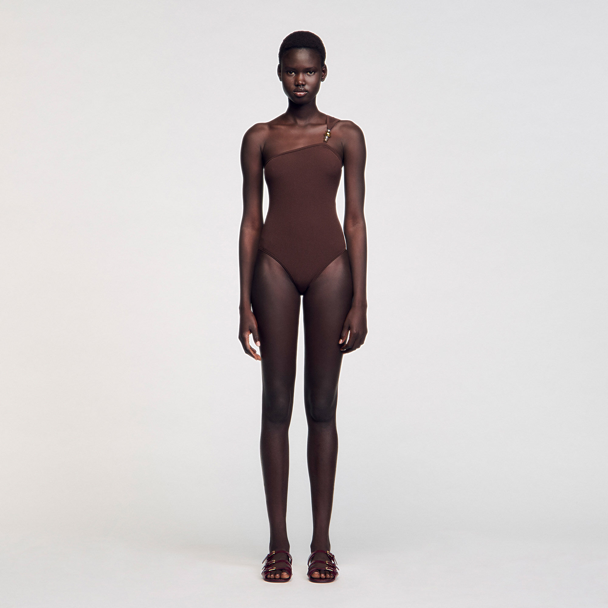 Asymmetric leotard with bead detail brown For Women | Sandro