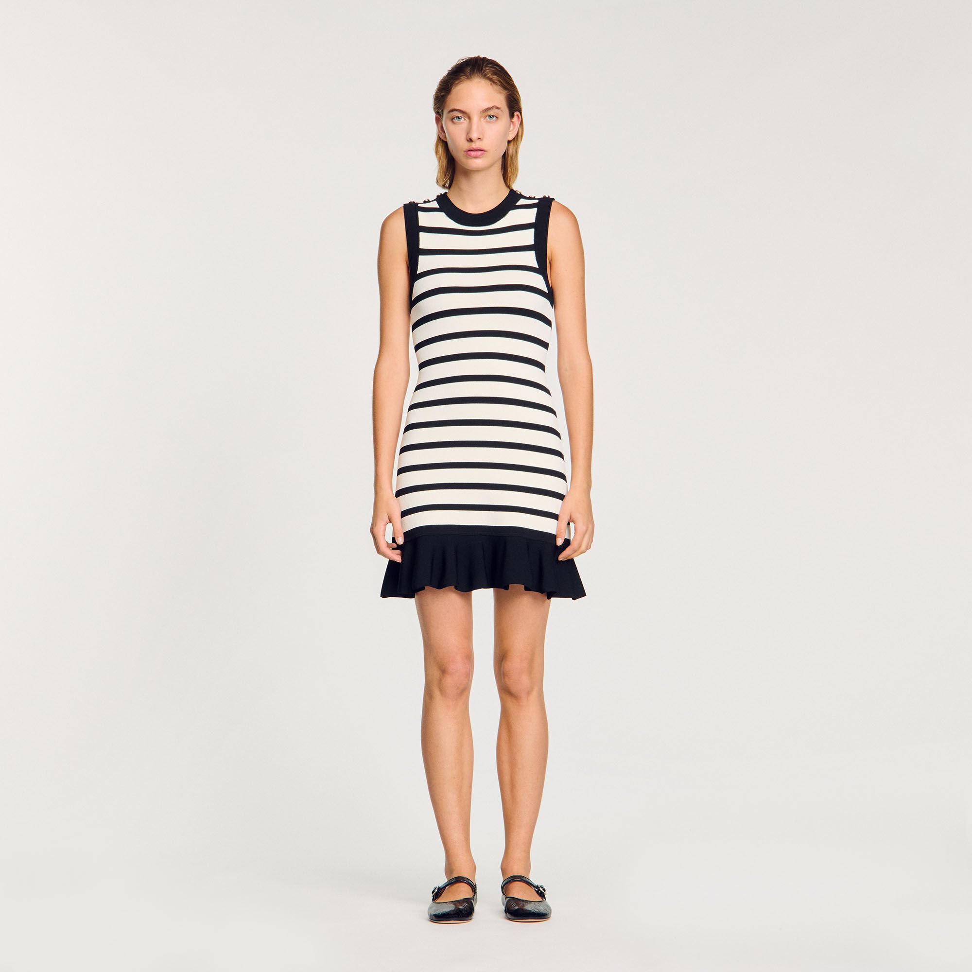 Striped knit short dress white / beige For Women | Sandro Paris Striped knit short dress white / beige For Women | Sandro Paris