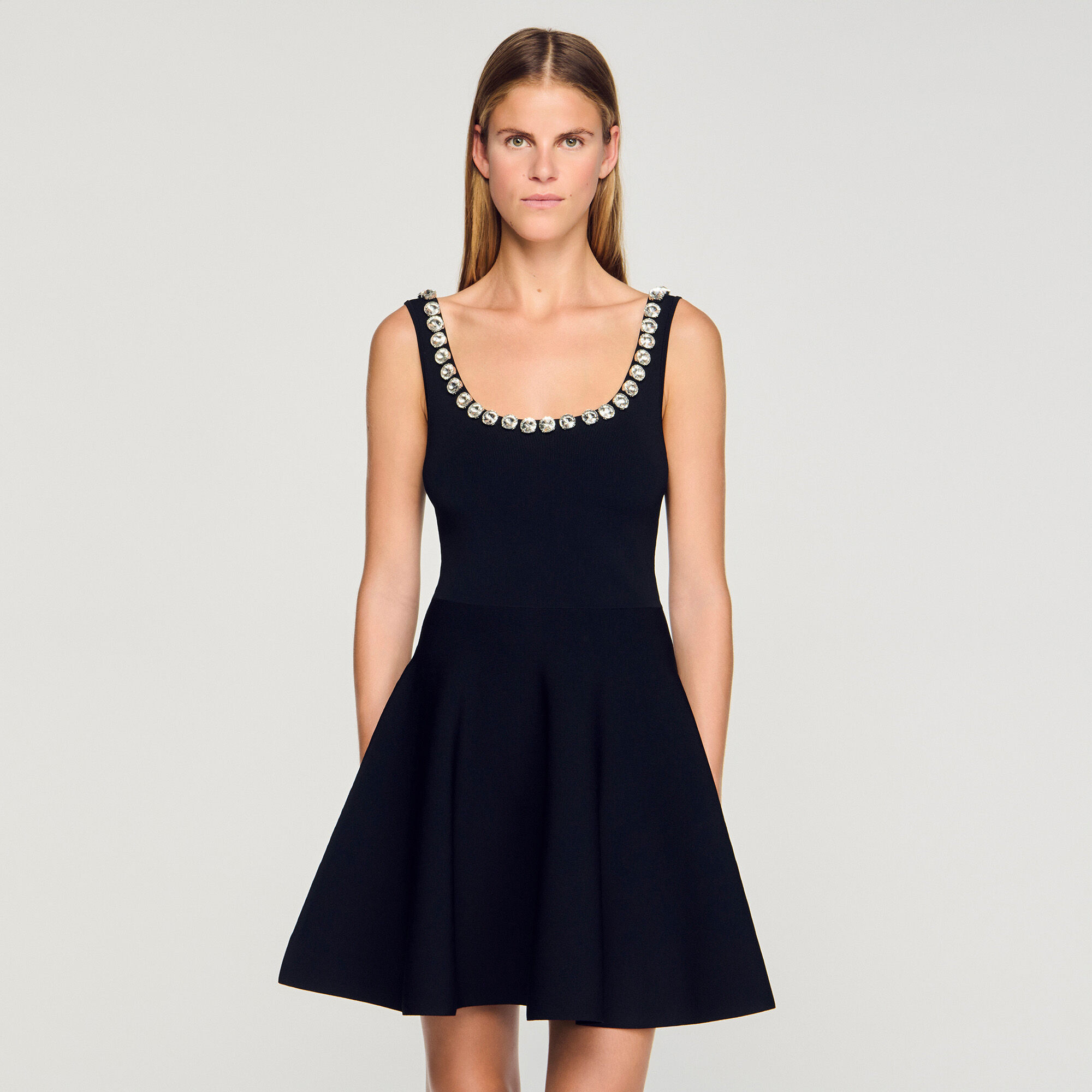 Short dress with rhinestone neck