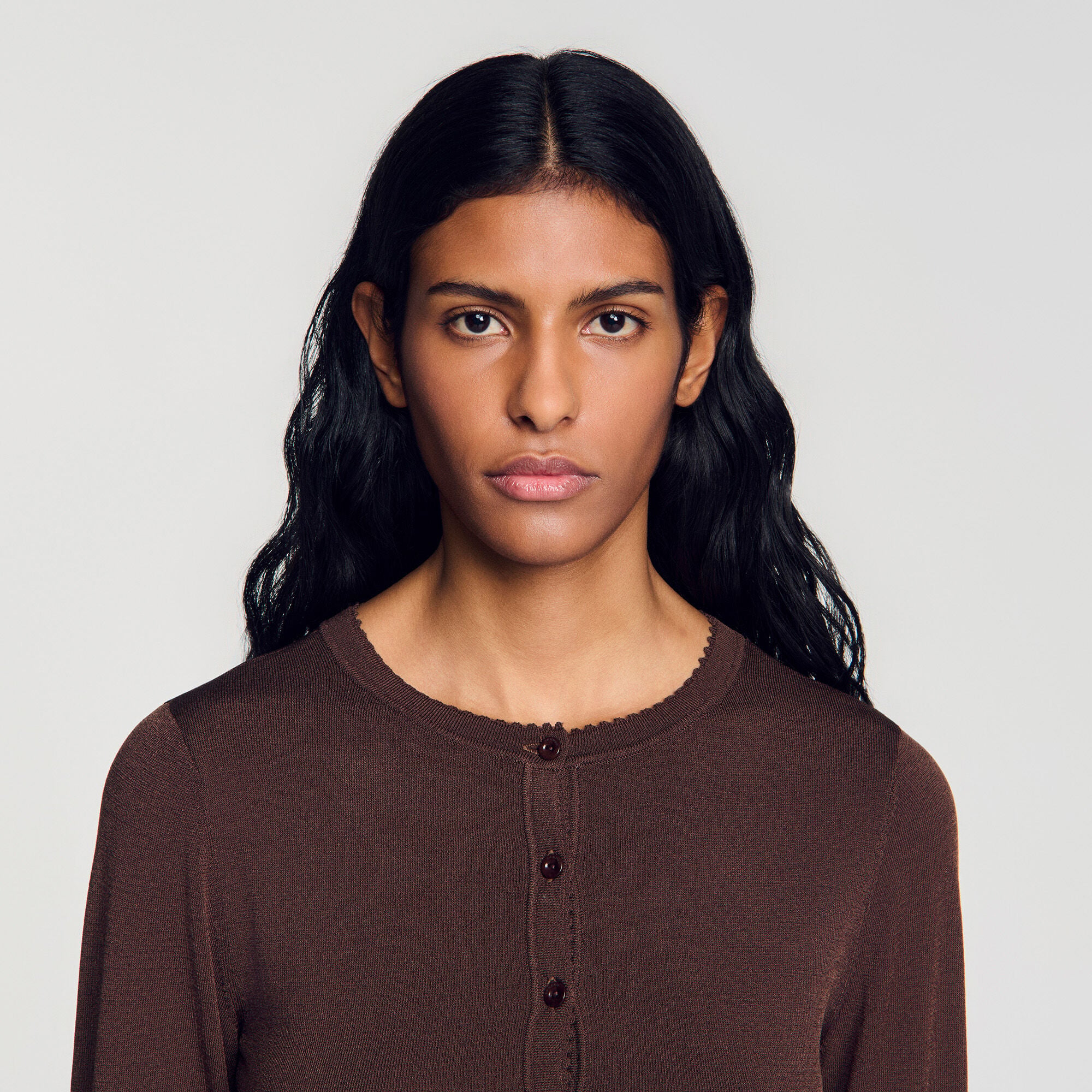 Sheer knit cardigan brown For Women | Sandro Paris