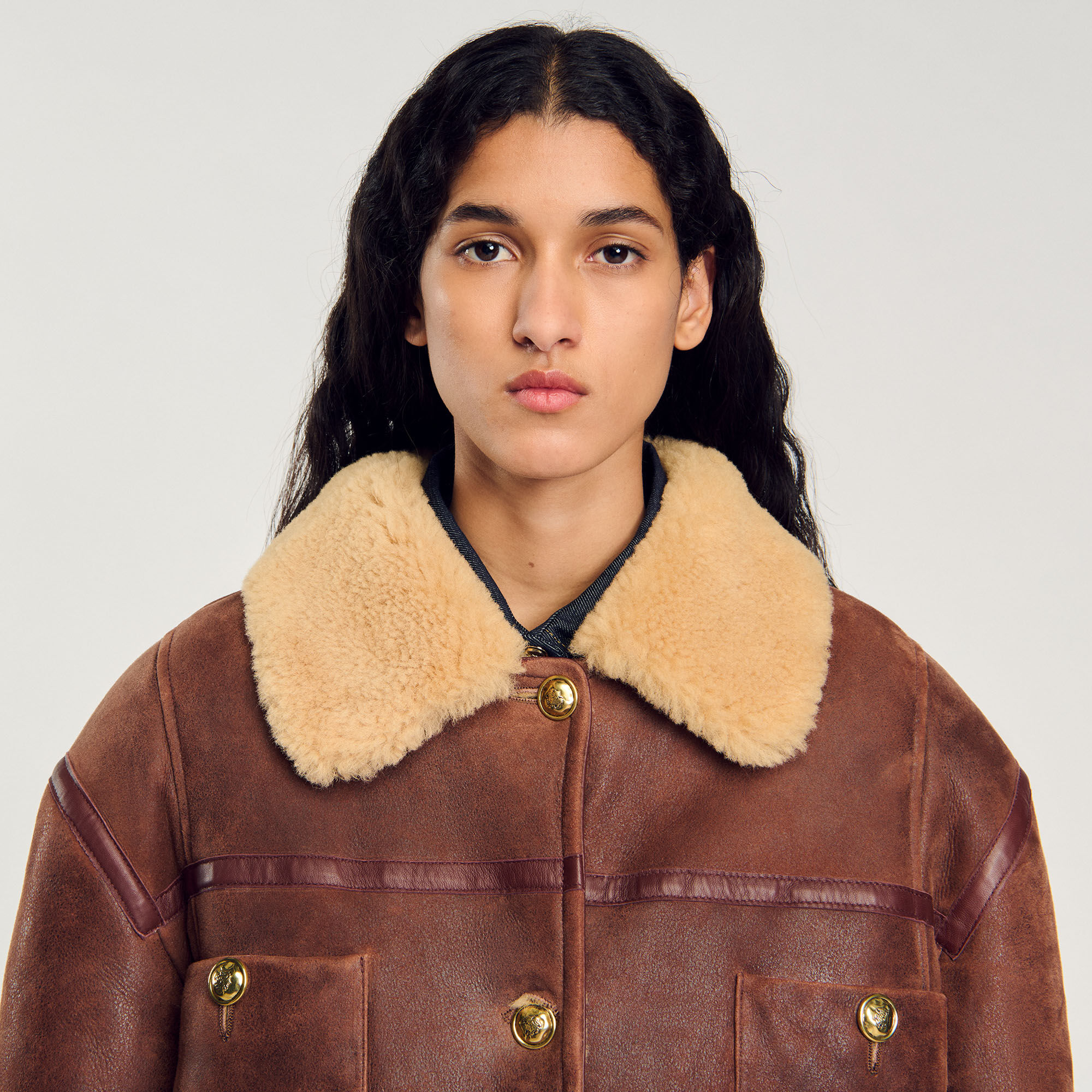 Shearling jacket brown For Women | Sandro Paris Shearling jacket brown For Women | Sandro Paris