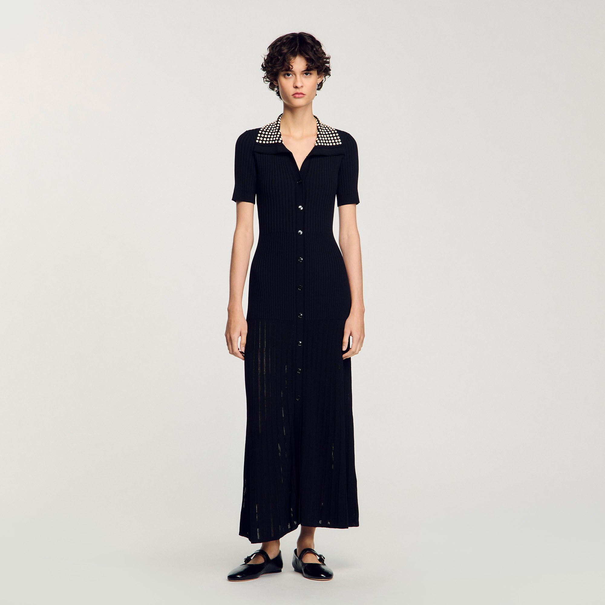 Knit maxi dress with studs black / gray For Women | Sandro Paris