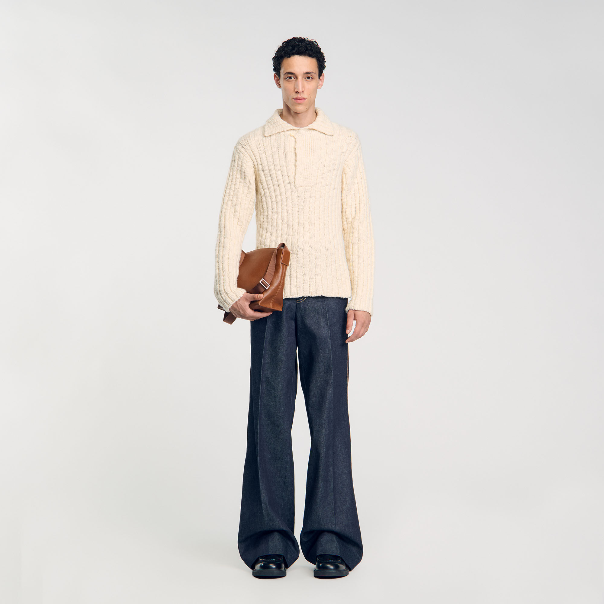 Chunky knit polo neck jumper white beige for Men Sandro Paris