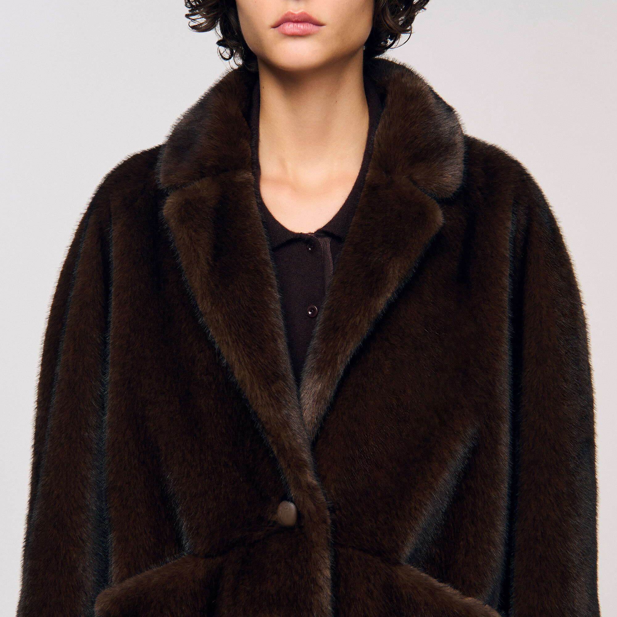 Faux fur coat jacket brown For Women | Sandro Paris