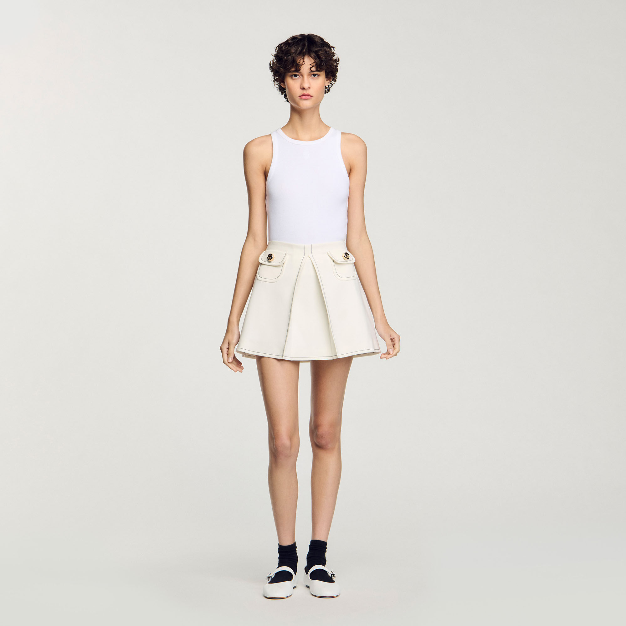 Short box-pleated skirt white / beige For Women | Sandro Paris