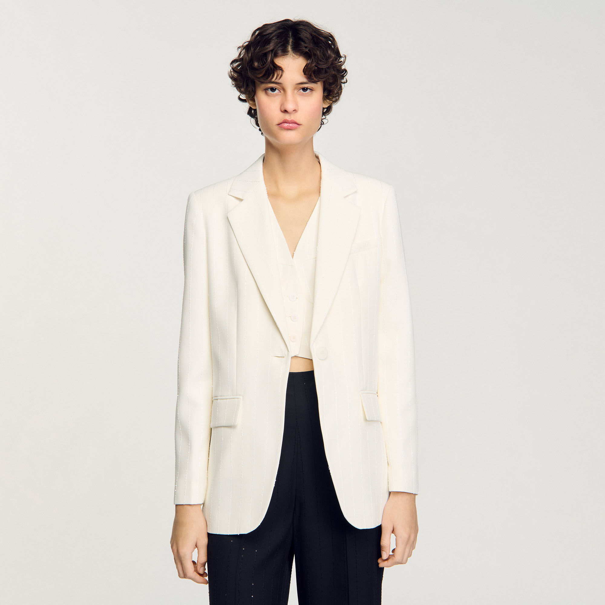 【SANDRO】 Sequin Suit Jacket Sequinned suit jacket white / beige For Women | Sandro Paris