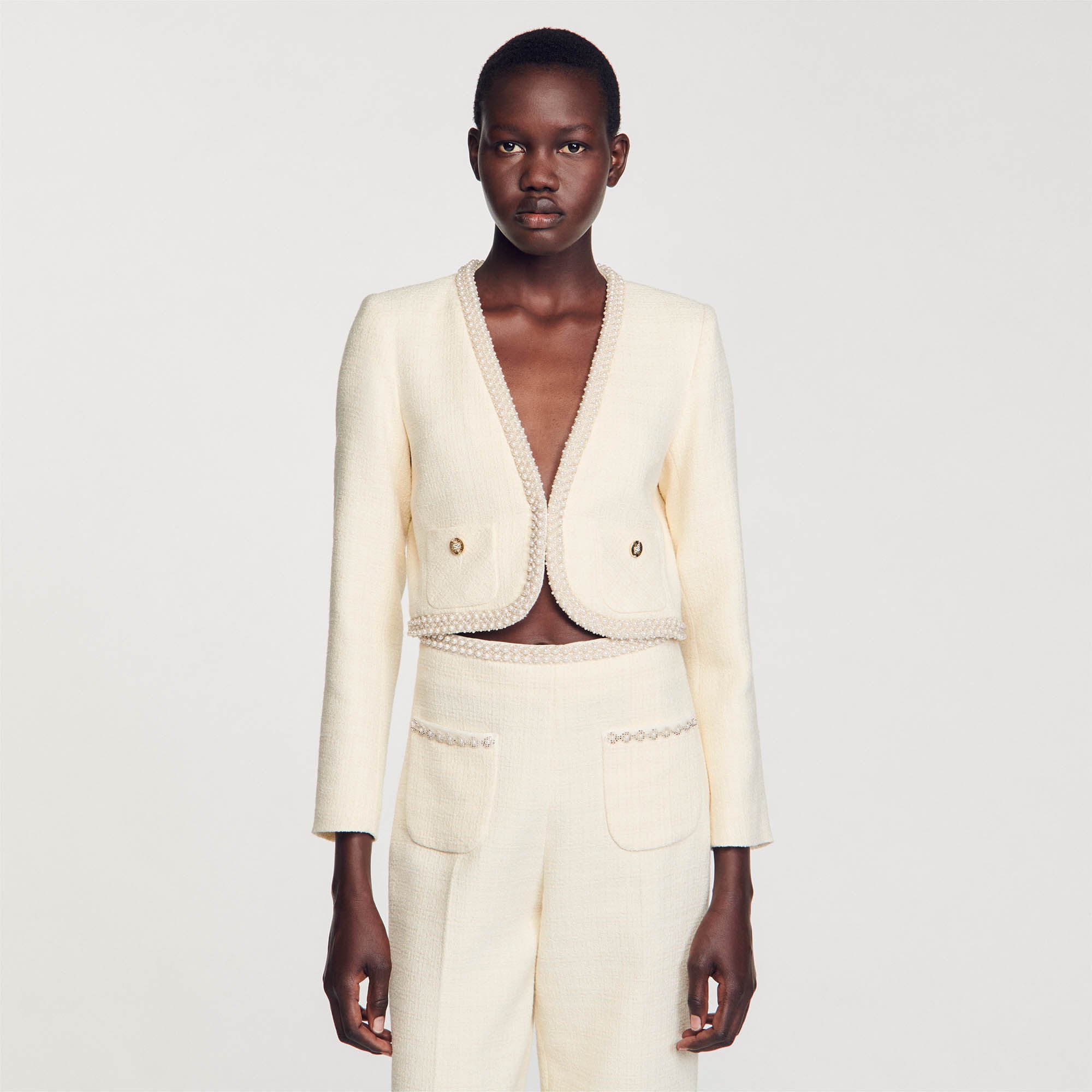 Cropped tweed jacket white / beige For Women | Sandro Paris