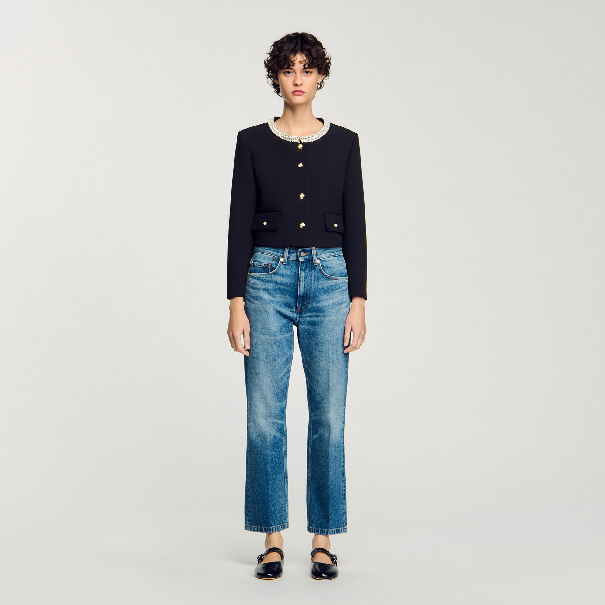 Jacket with beaded collar black / gray For Women | Sandro Paris
