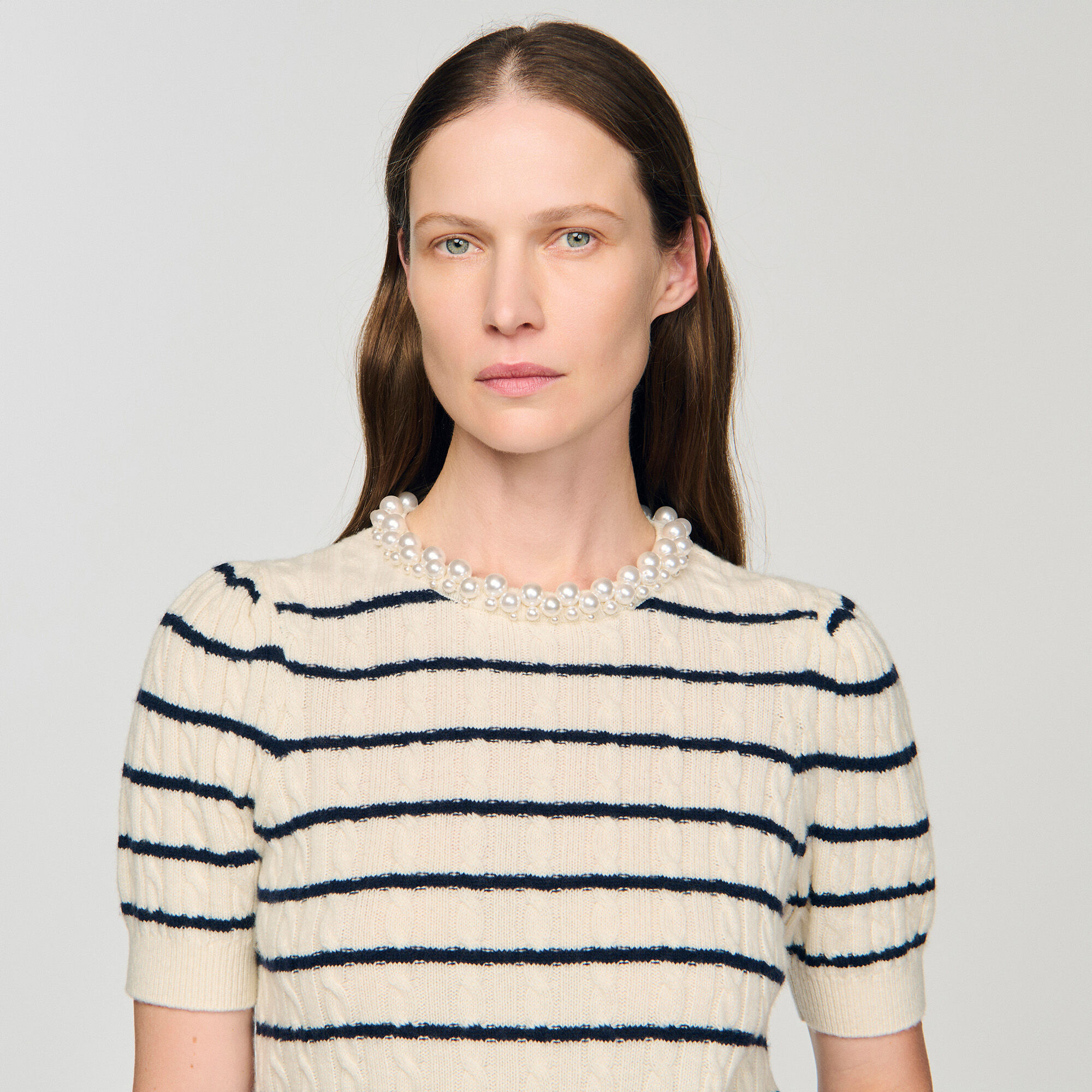 Striped jumper with pearl collar