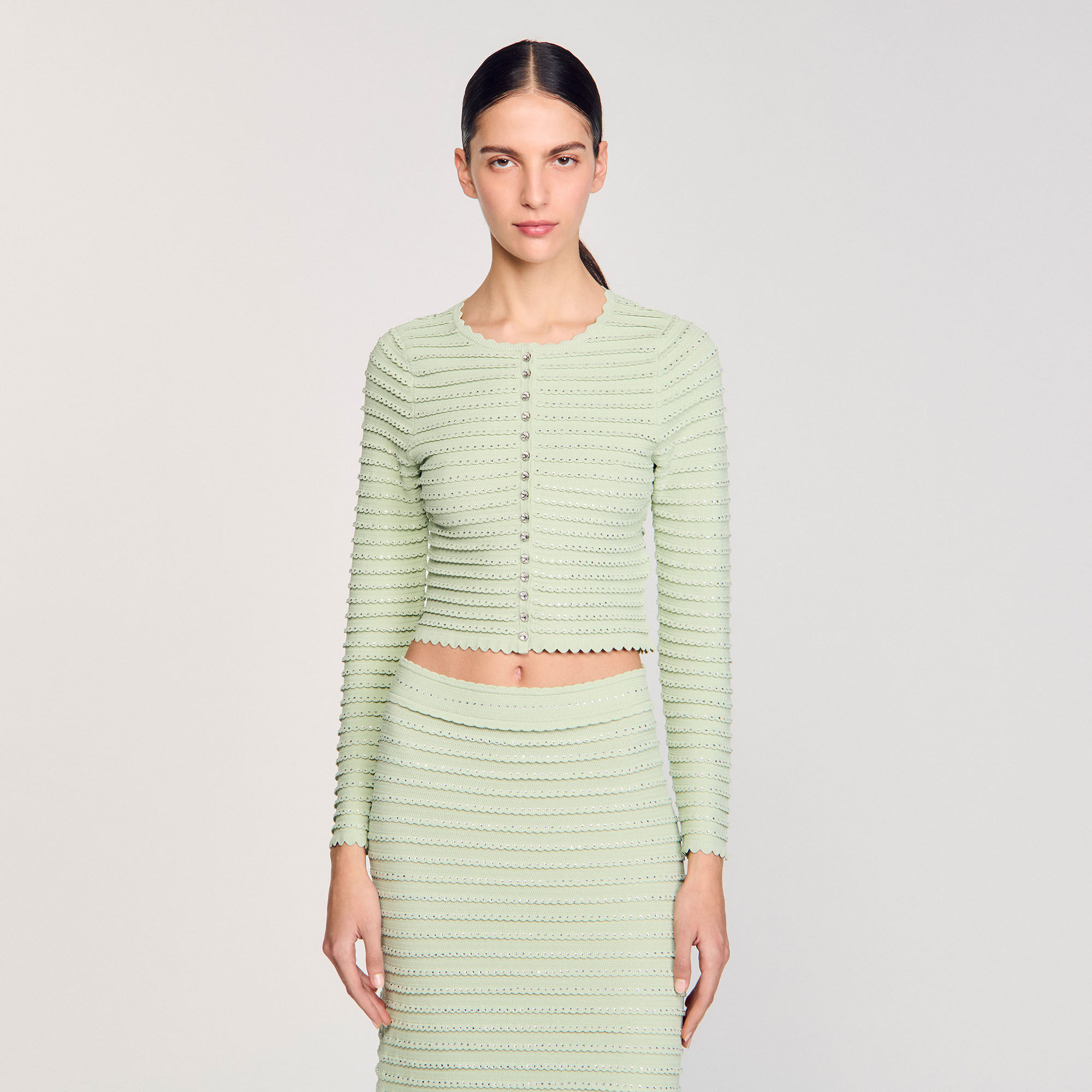Rhinestone knit maxi skirt green For Women | Sandro Paris