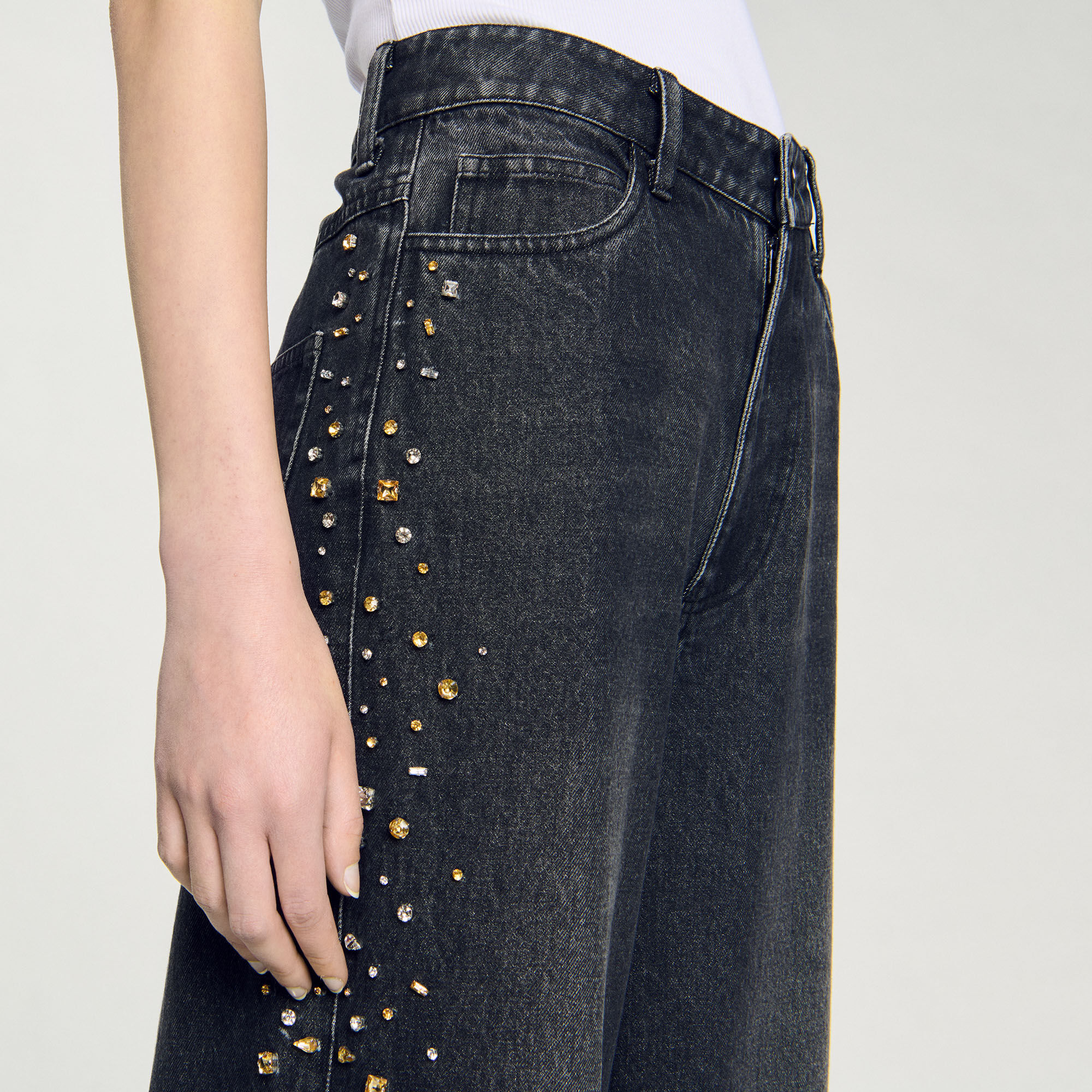 Wide-leg rhinestone jeans