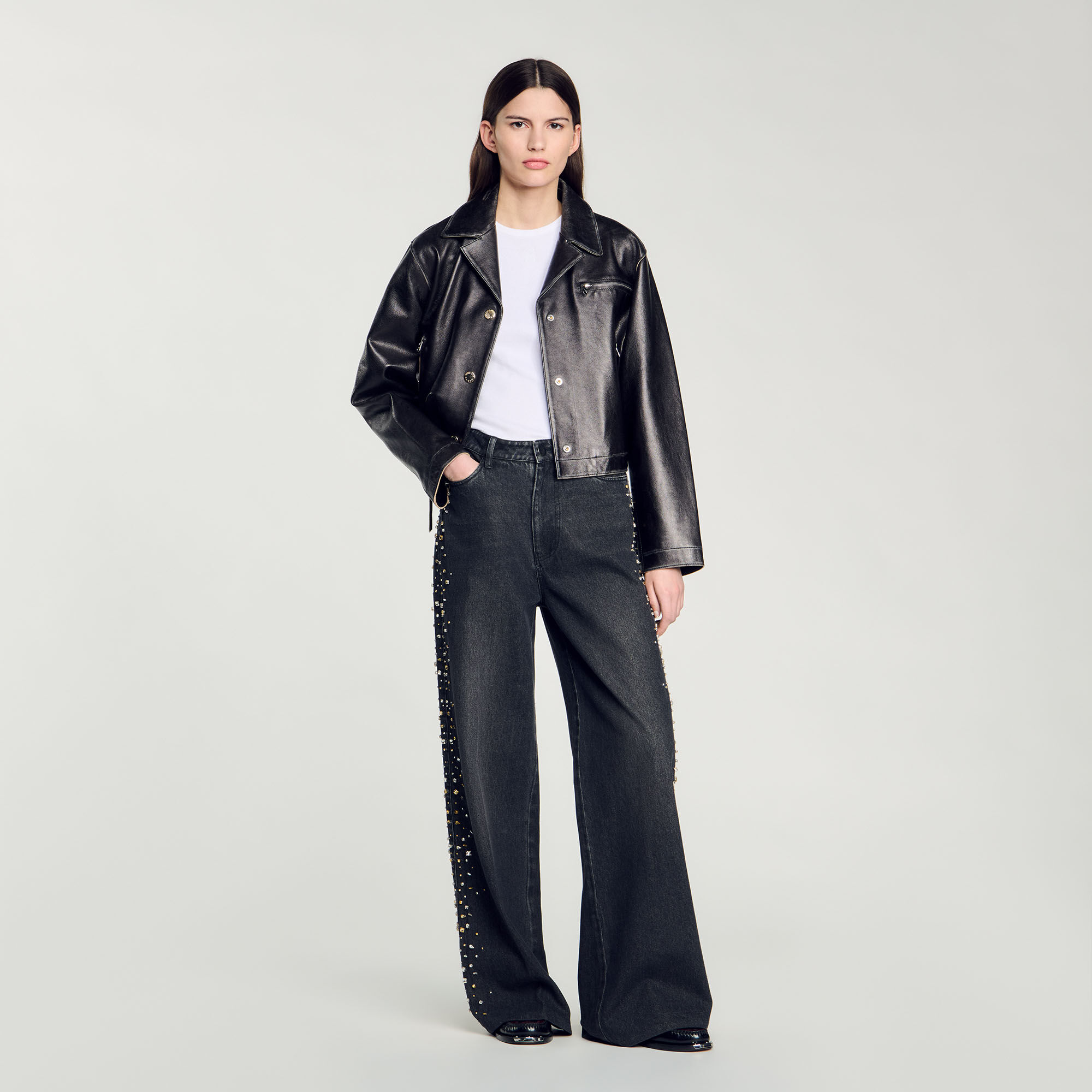 Wide-leg rhinestone jeans
