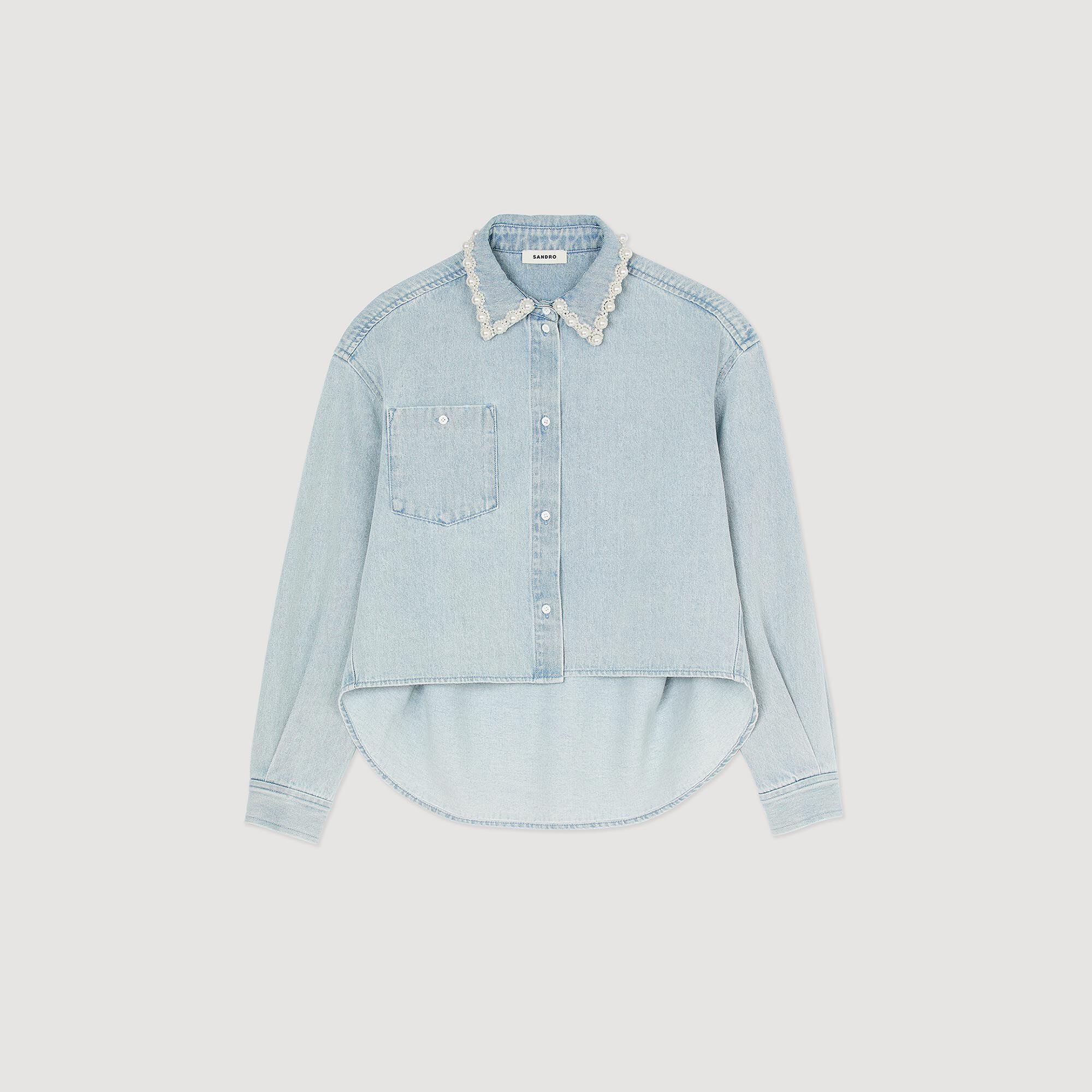 Denim shirt with beaded collar For Women | Sandro Paris