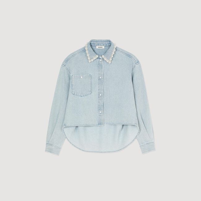 Denim shirt with beaded collar