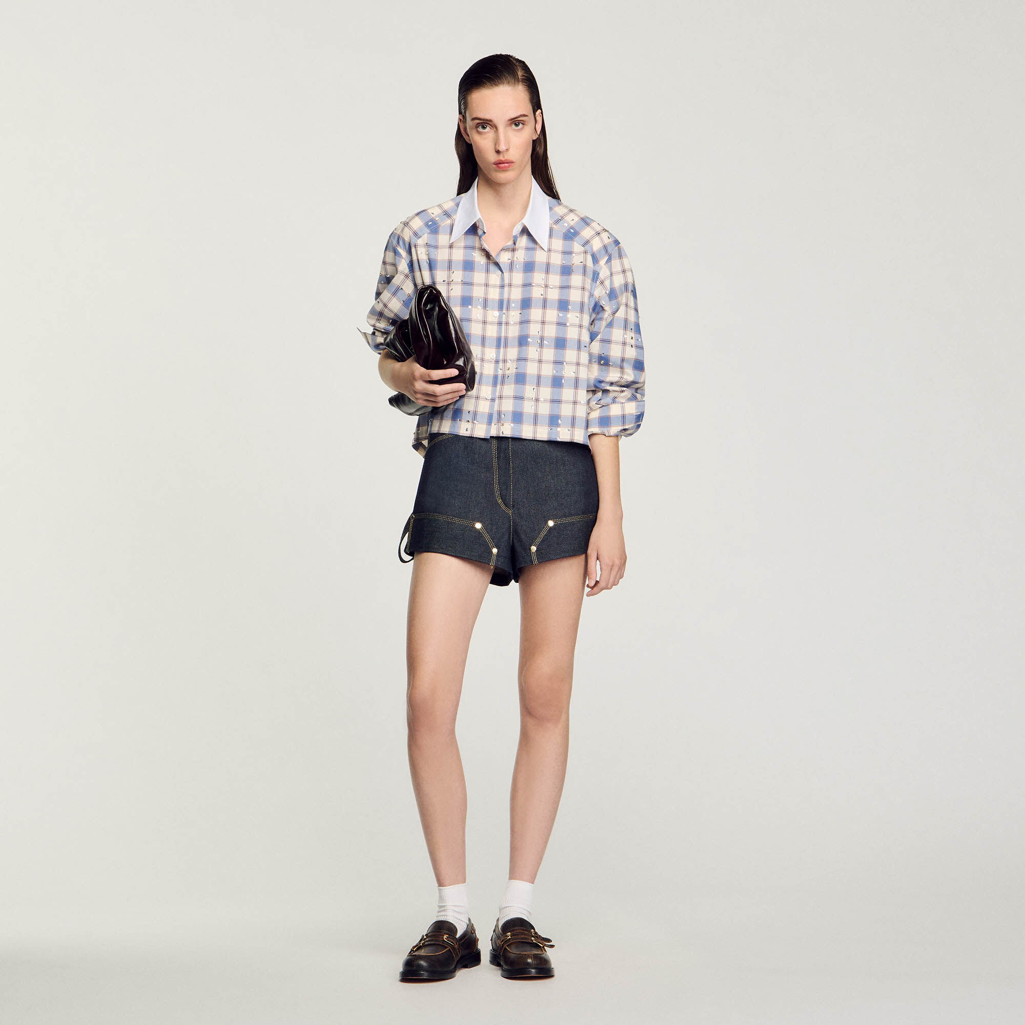 Rhinestone check shirt blue For Women | Sandro Paris