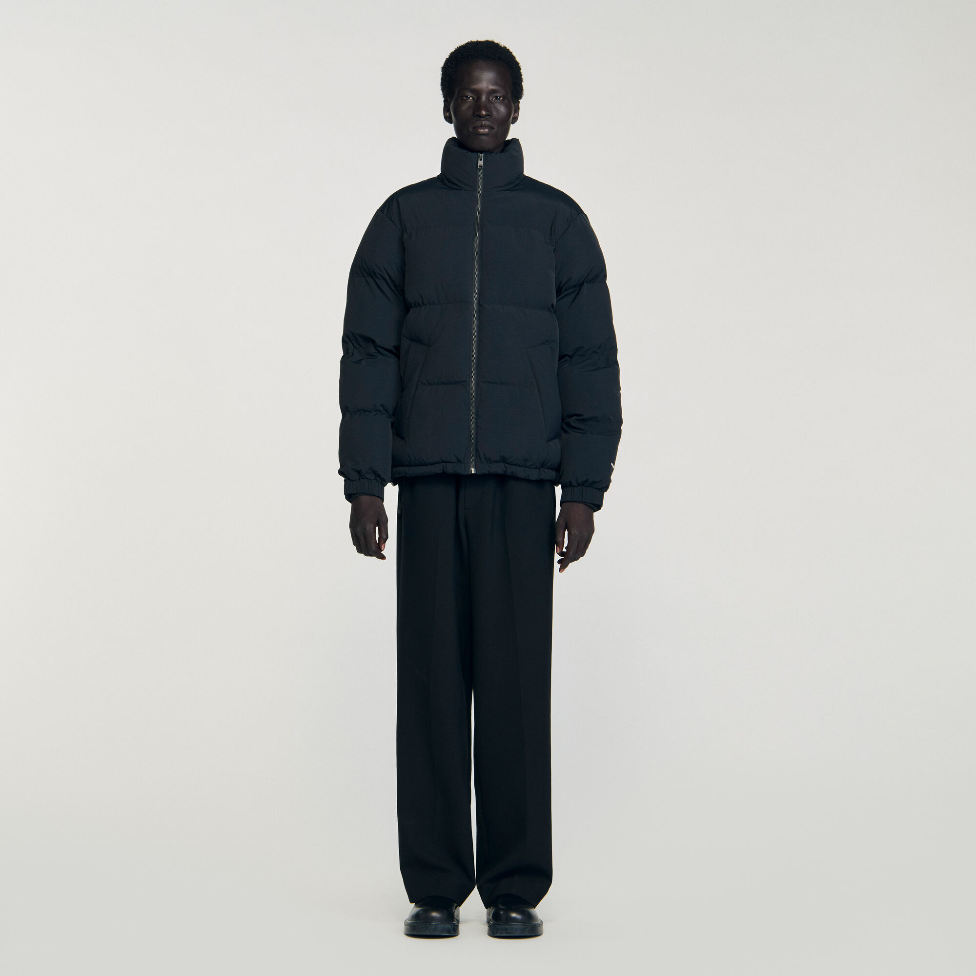 Hooded puffer with high collar