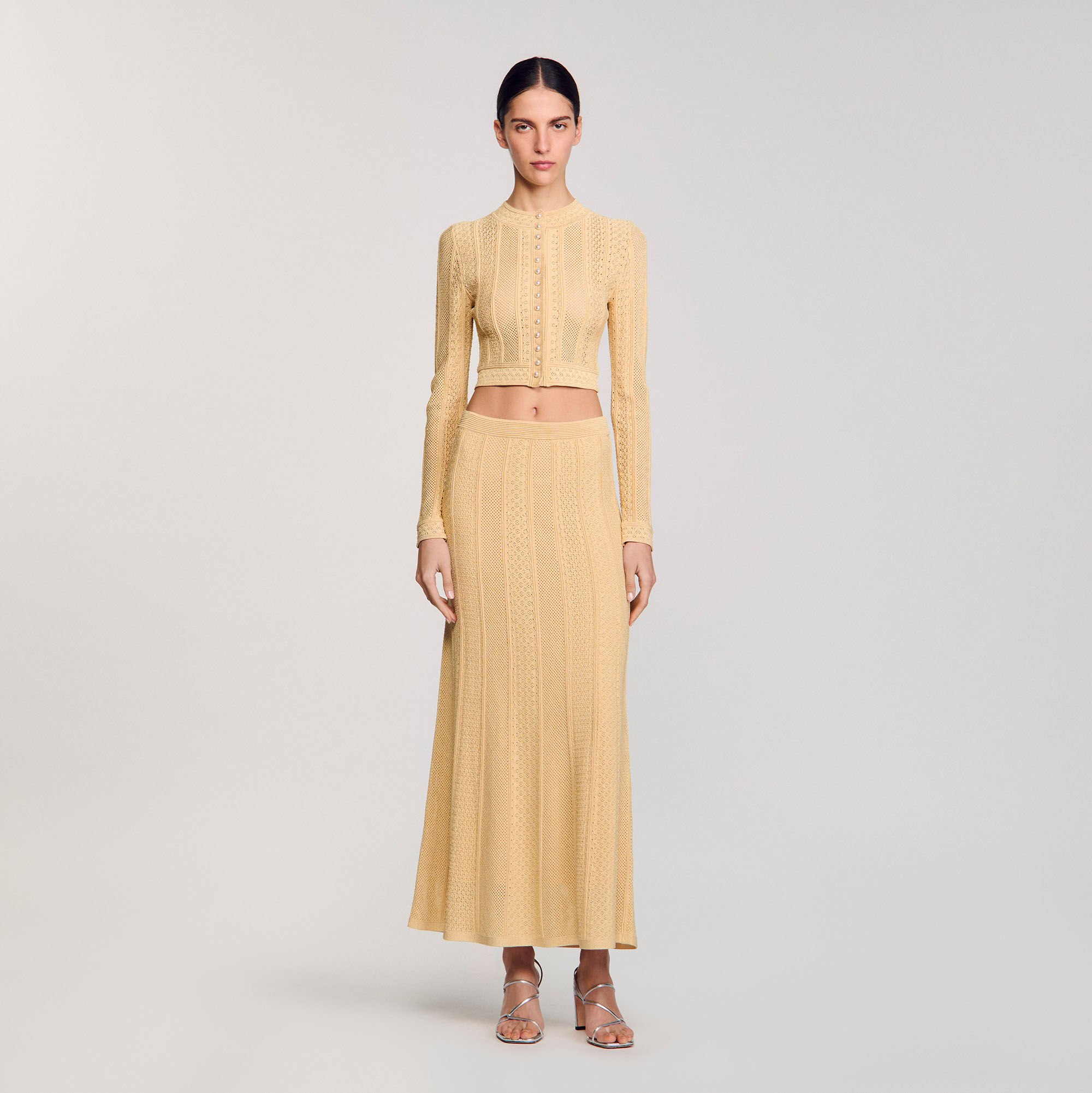 Pointelle knit maxi skirt white / beige For Women | Sandro Paris