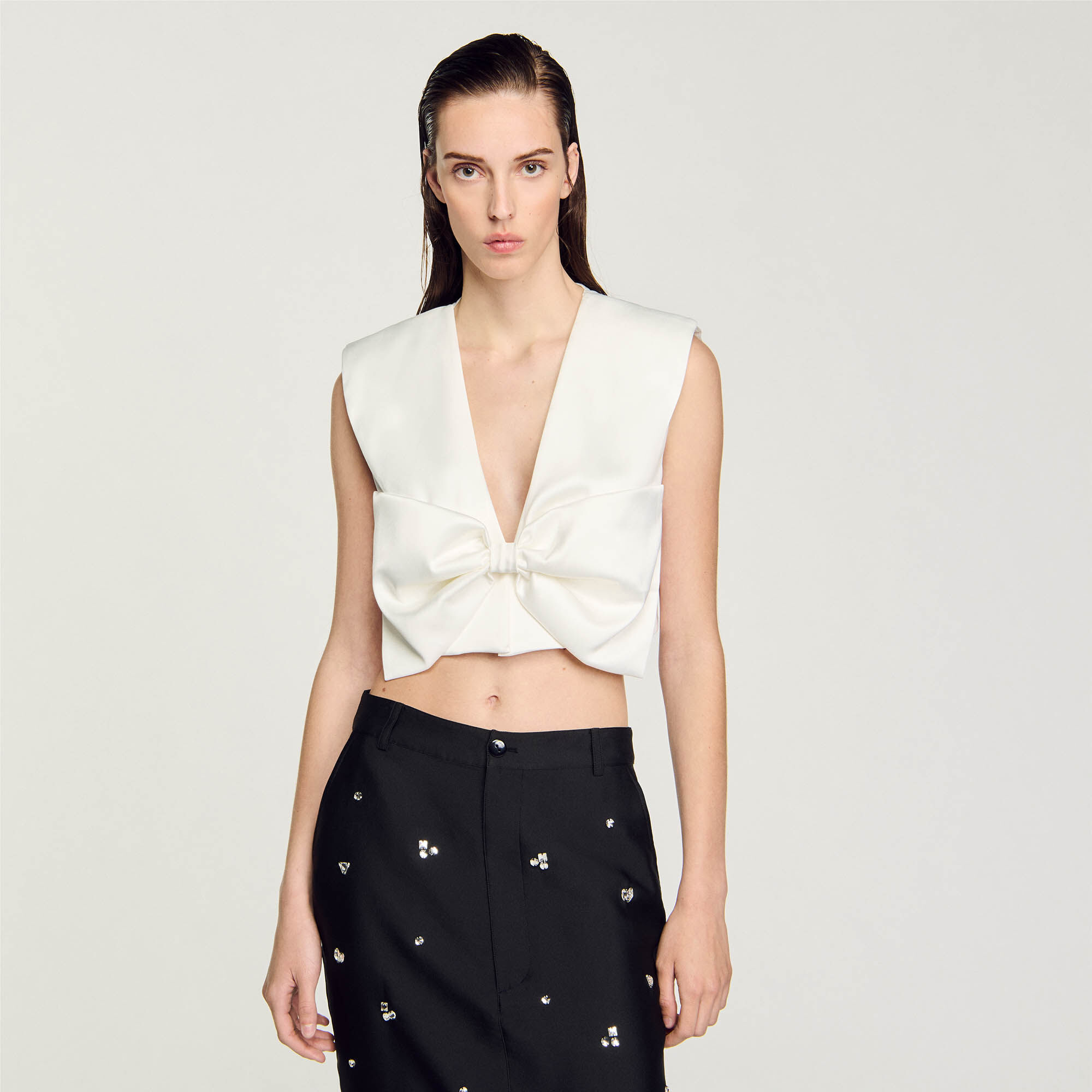 Satin-effect crop top white / beige For Women | Sandro Paris