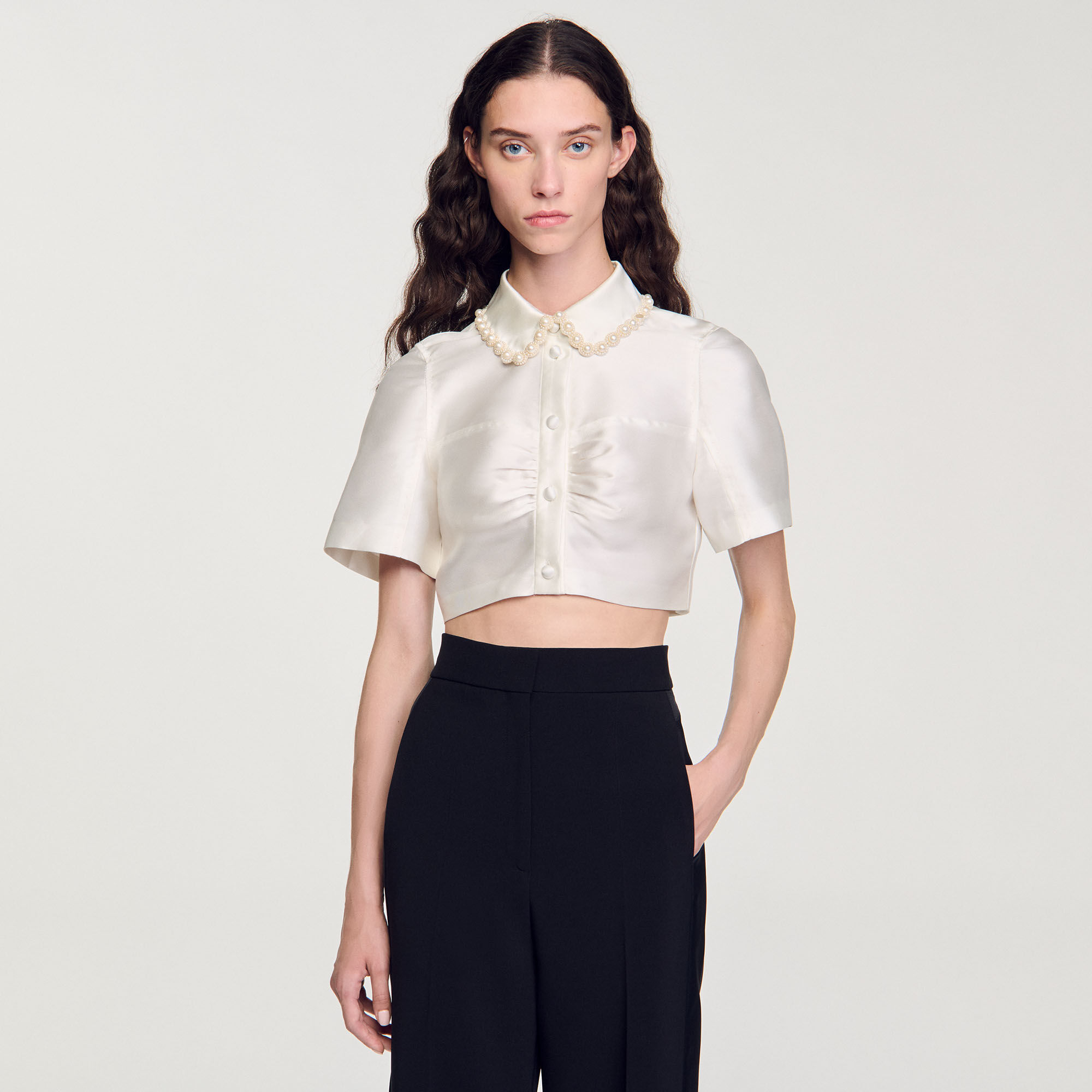 Beaded satin-effect cropped shirt