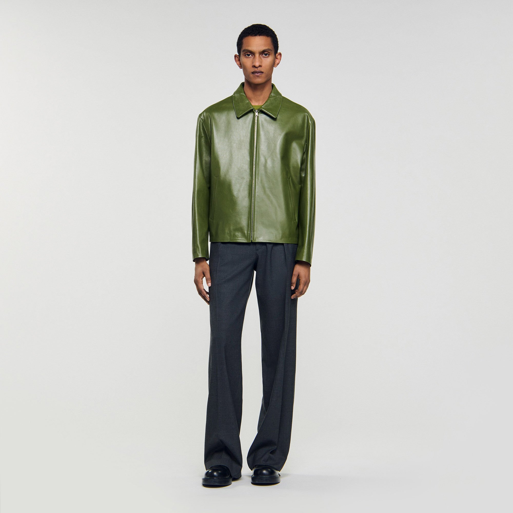Zip-up leather jacket green for Men | Sandro Paris