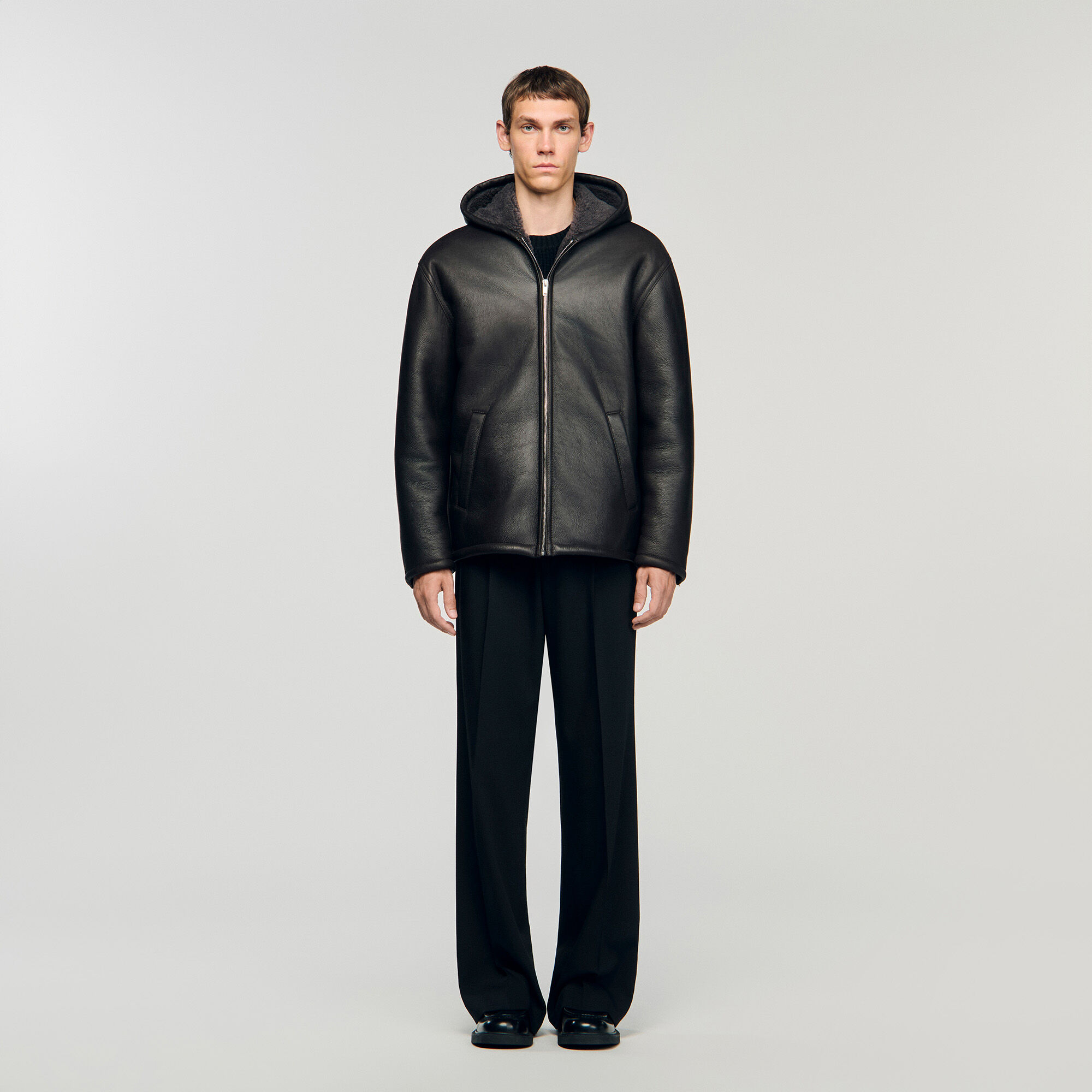 Shearling leather jacket black / gray for Men | Sandro Paris