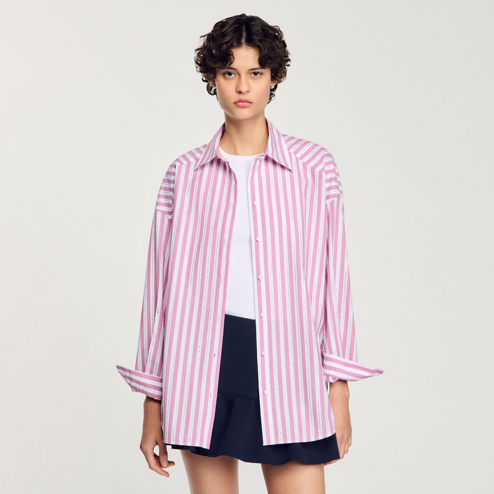 Striped rhinestone shirt pink For Women | Sandro Paris Striped rhinestone shirt pink For Women | Sandro Paris