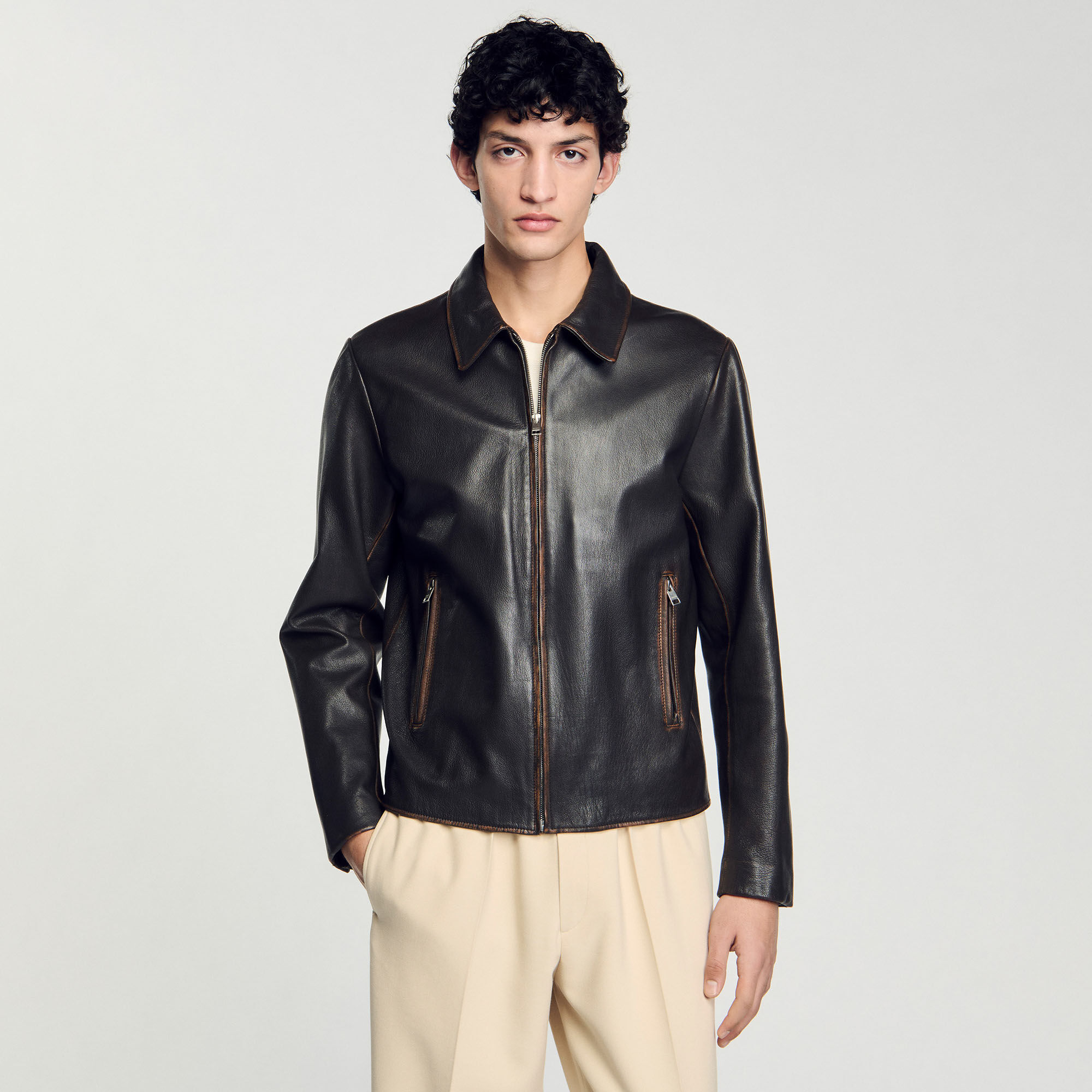 Distressed-look leather jacket brown for Men | Sandro Paris