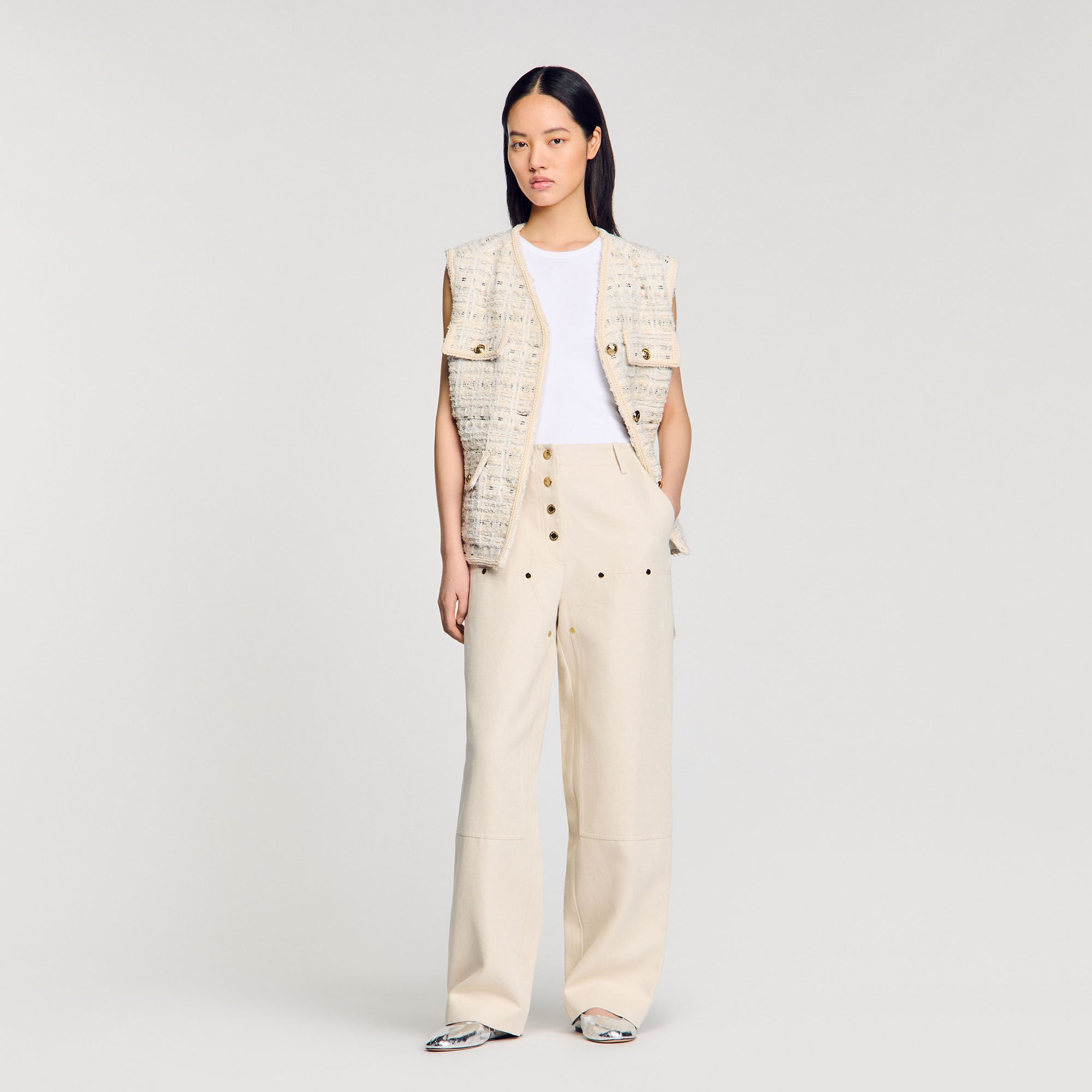 Beaded cropped T-shirt white / beige For Women | Sandro Paris