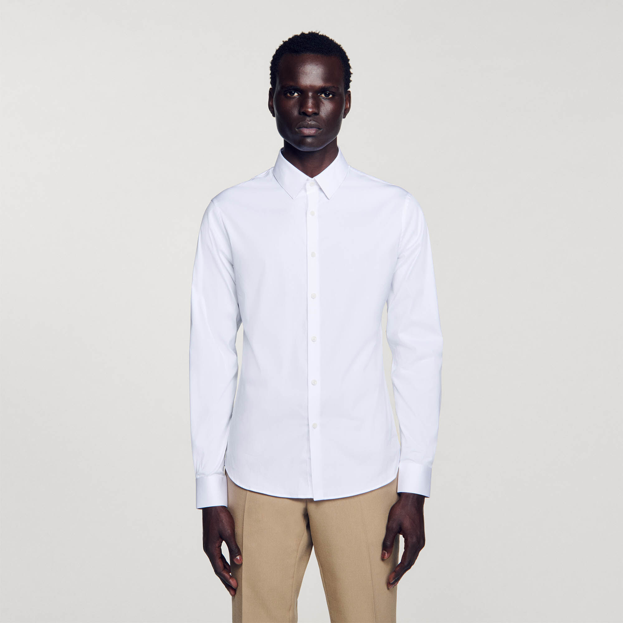 Fitted stretch cotton shirt white / beige for Men | Sandro Paris