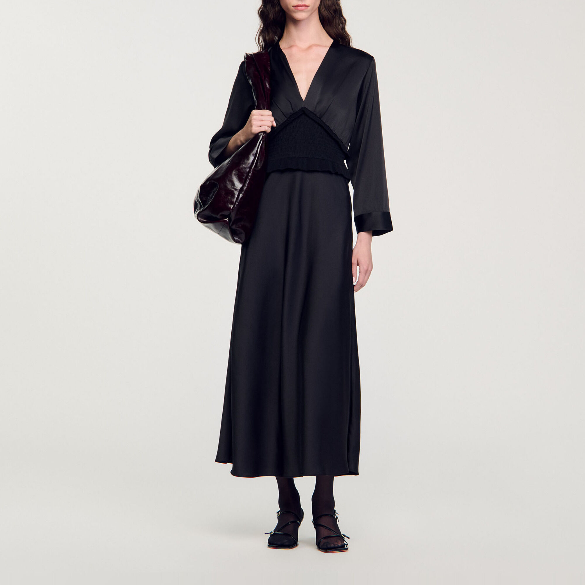 Long satin-effect dress black / gray For Women | Sandro Paris