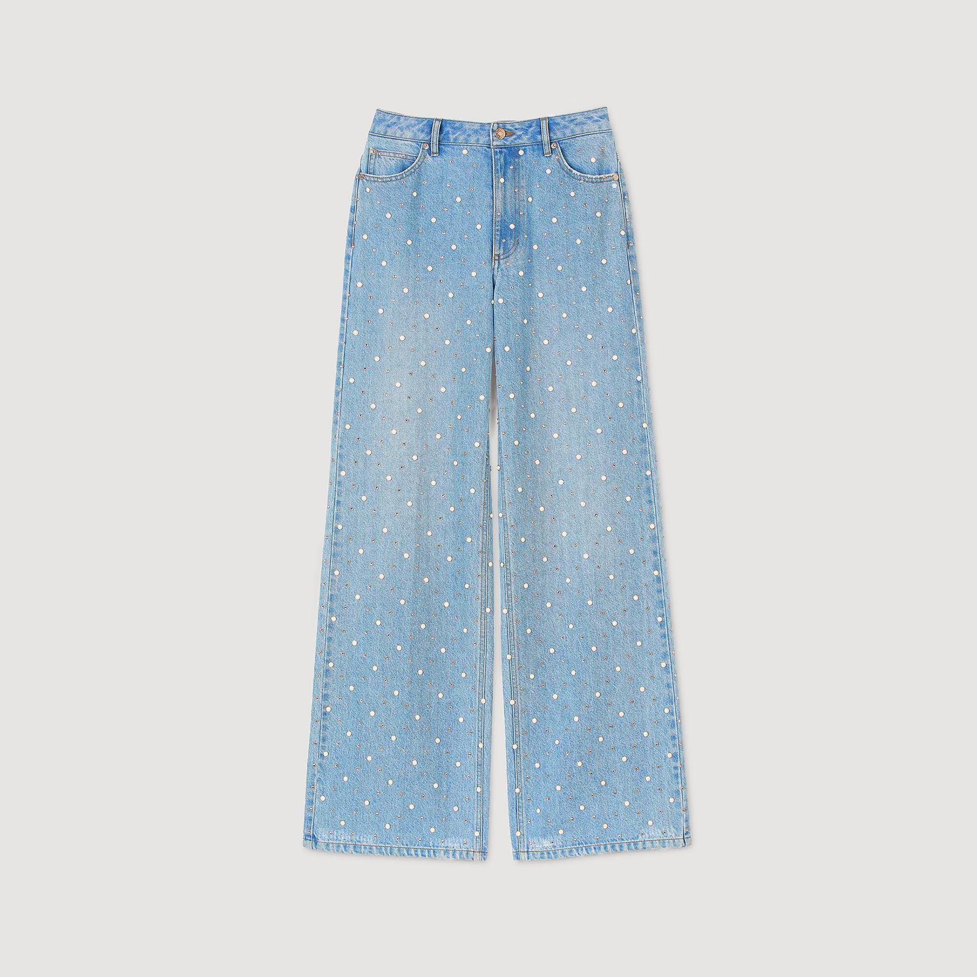 Rhinestone and beaded jeans blue For Women | Sandro Paris