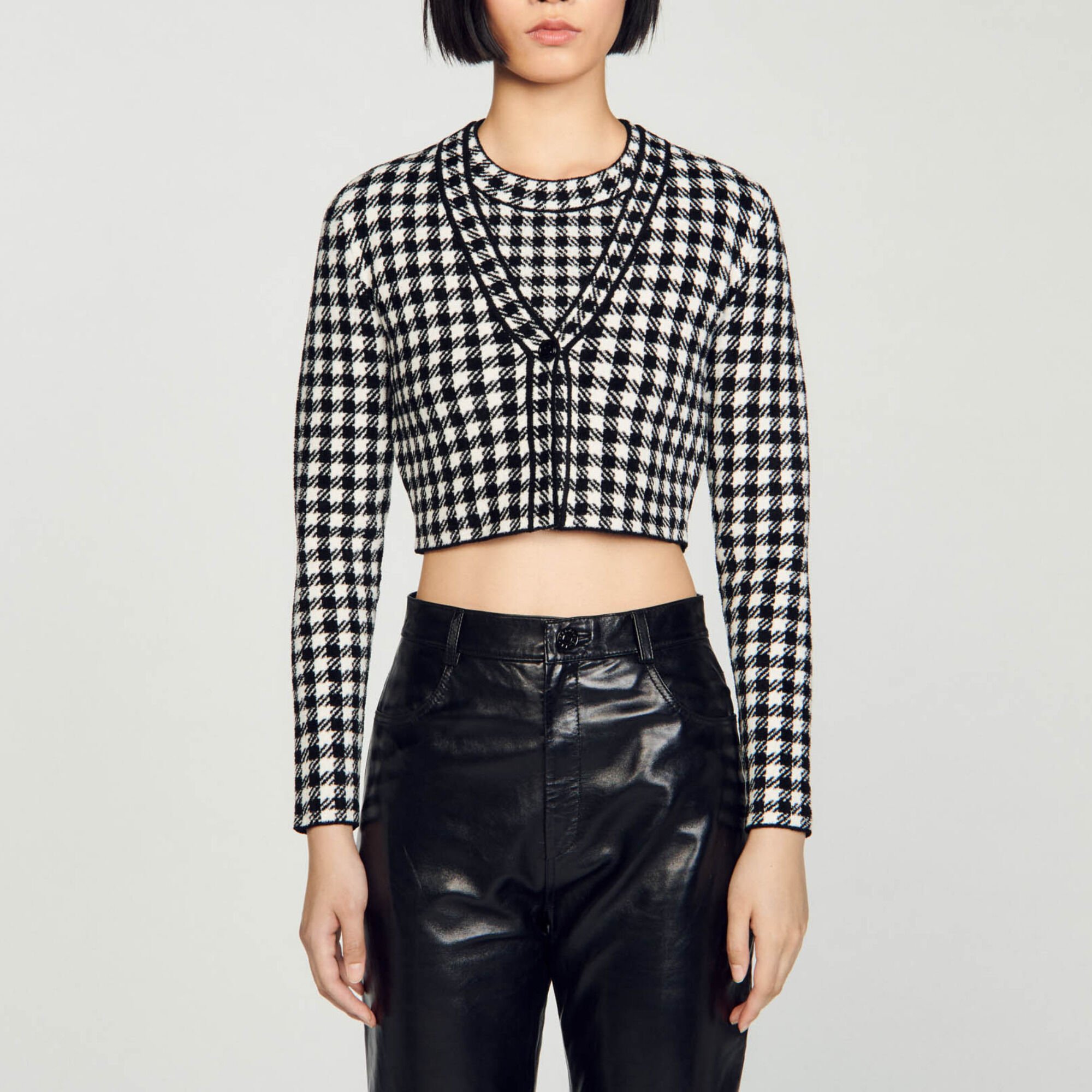 Cropped gingham knit cardigan