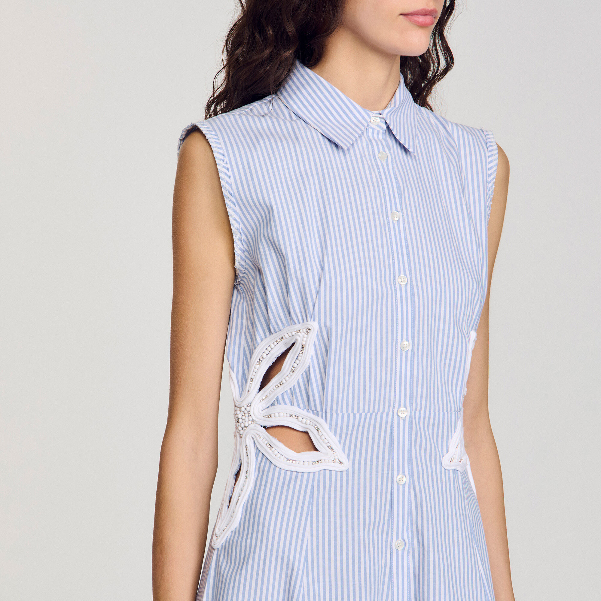 SANDRO☆ストライプ ティアードマキシドレス♪【送料込】 Stripy embroidered maxi dress blue For Women | Sandro Paris