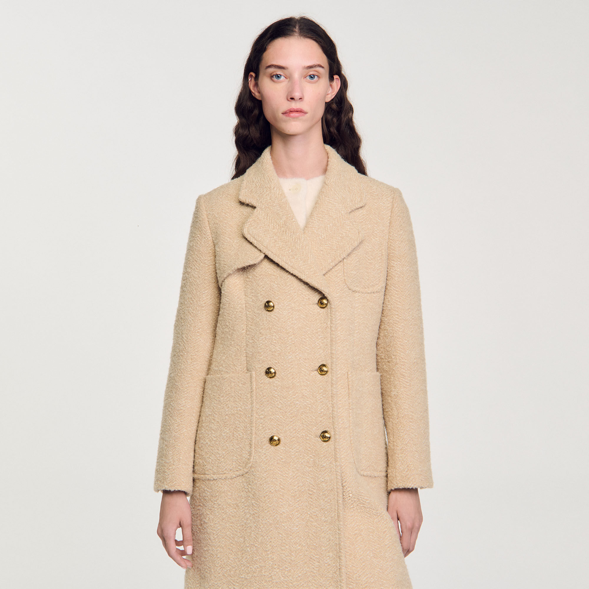 Long double-breasted coat white / beige For Women | Sandro Paris