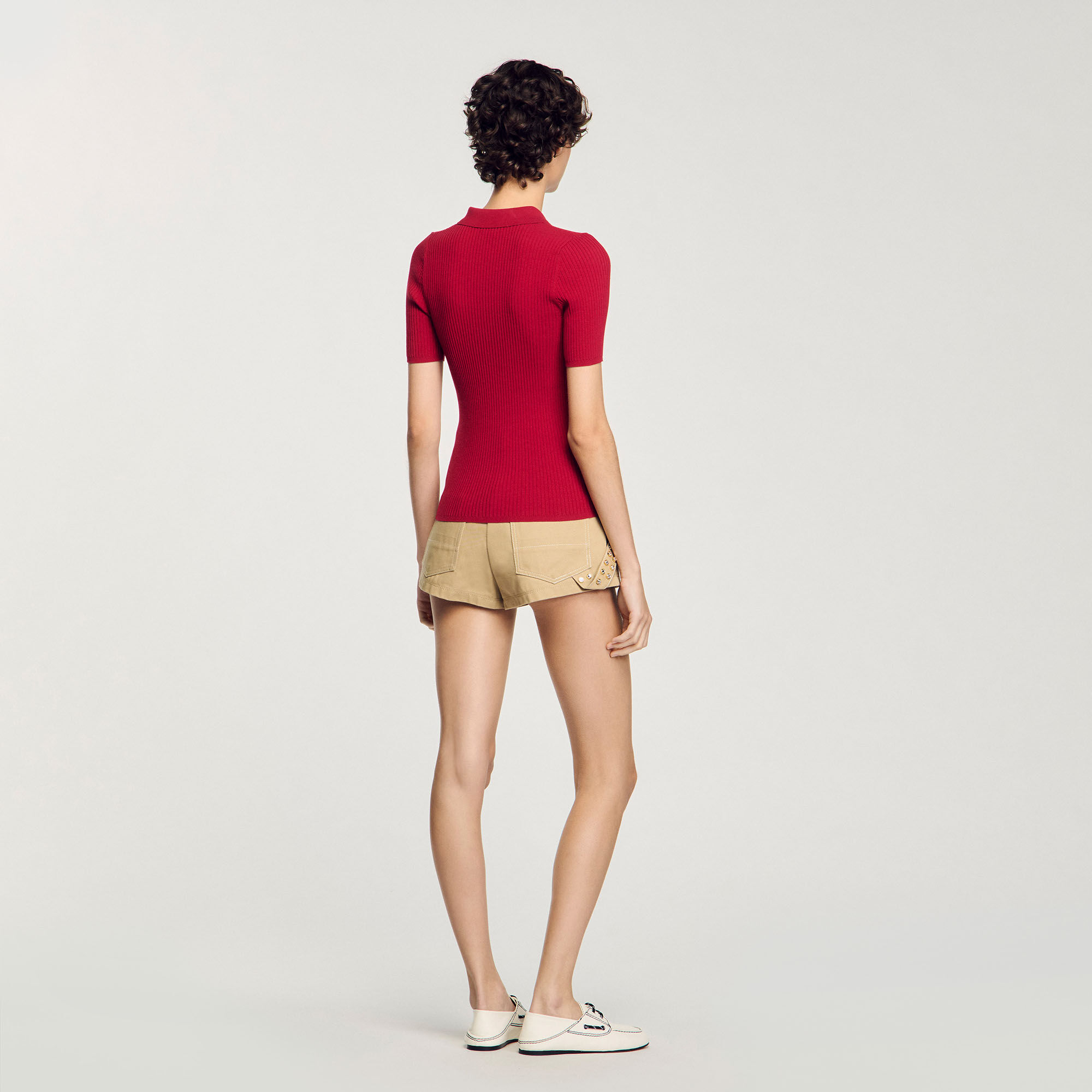 Rib knit polo shirt red For Women | Sandro Paris Rib knit polo shirt red For Women | Sandro Paris